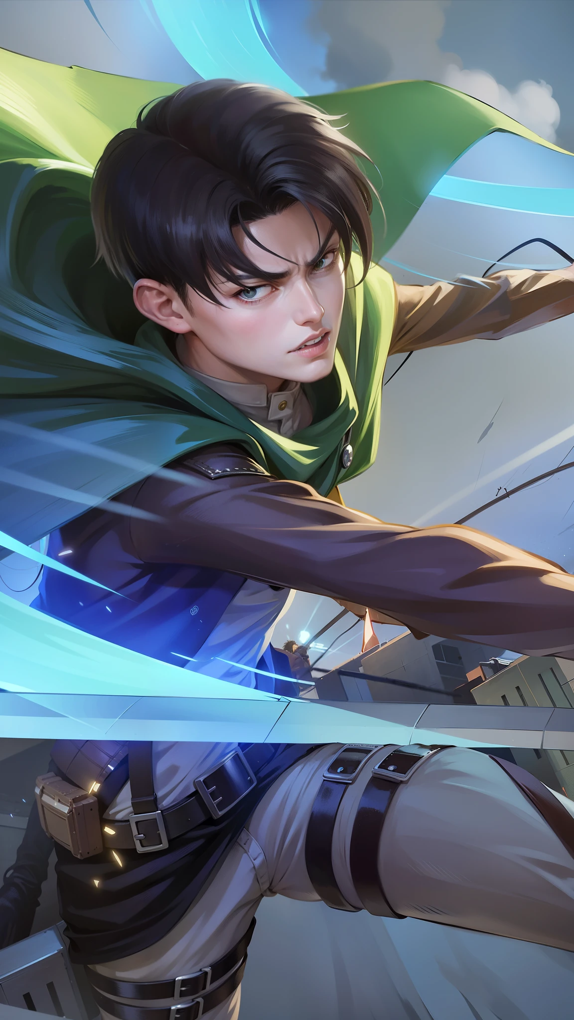 Levi Ackerman Character from Anime Attack On Titan, Realistic Anime style, Handsome boy, cool boy, serious face, Attack on titan uniform, green cloak, Black short hair, Background of destroyed buildings