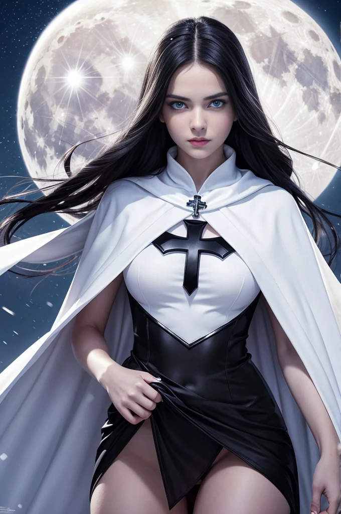 ager, 1.3, super villain, loliwith black hair and blue eyes, detailed face , sexy, white woman, dress with cape, desing with christian cross , background in snow , moon behind
