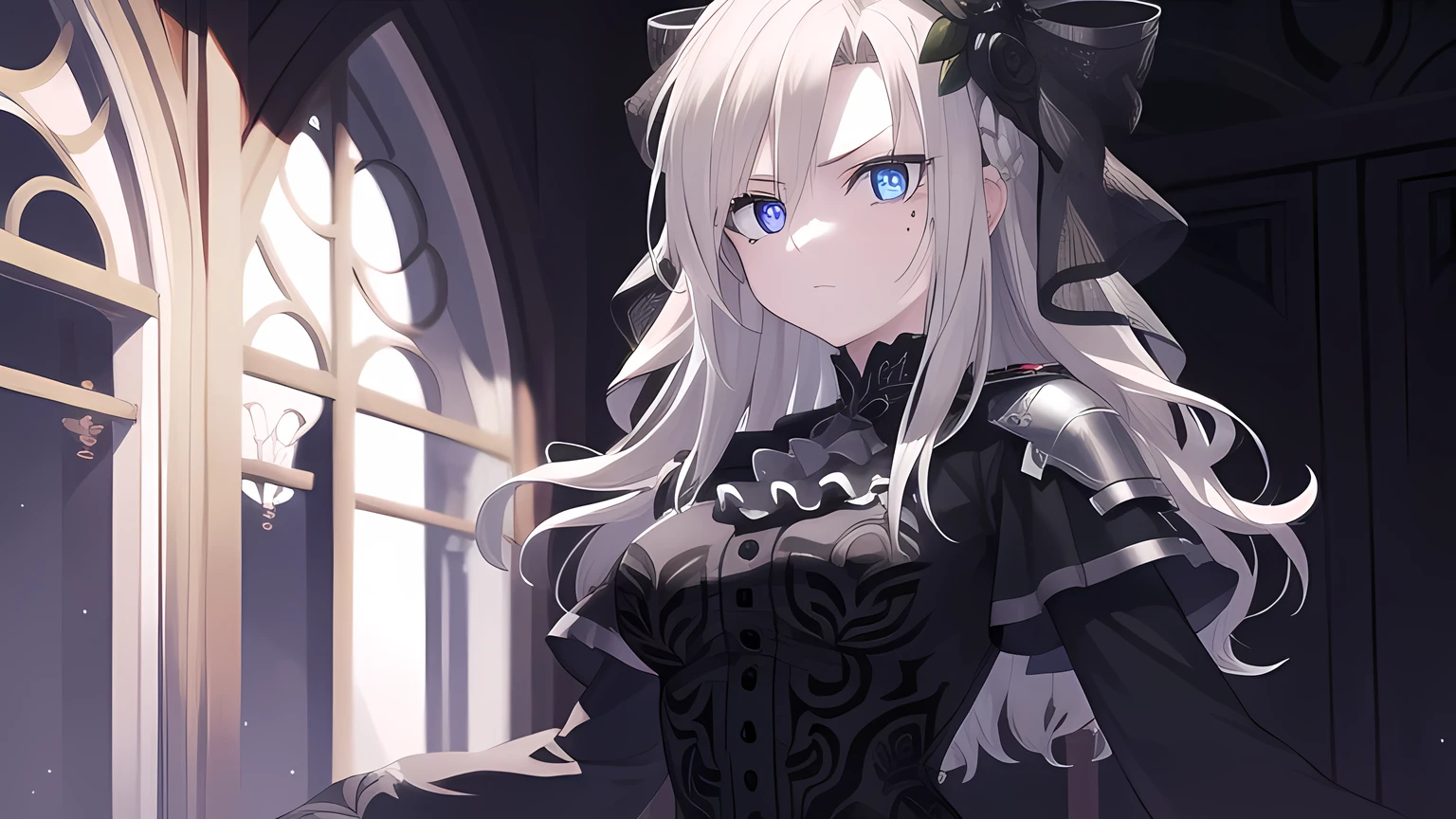 kriemhild, kriemhild, blue eyes, long hair, mole, mole under eye, pale skin, white hair, wavy hair,
BREAK ascot, black capelet, black dress, black flower, black gloves, black rose, capelet, dress, flower, gloves, long sleeves, rose, veil,
BREAK looking at viewer,
BREAK indoors,
BREAK (masterpiece:1.2), best quality, high resolution, unity 8k wallpaper, (illustration:0.8), (beautiful detailed eyes:1.6), extremely detailed face, perfect lighting, extremely detailed CG, (perfect hands, perfect anatomy),