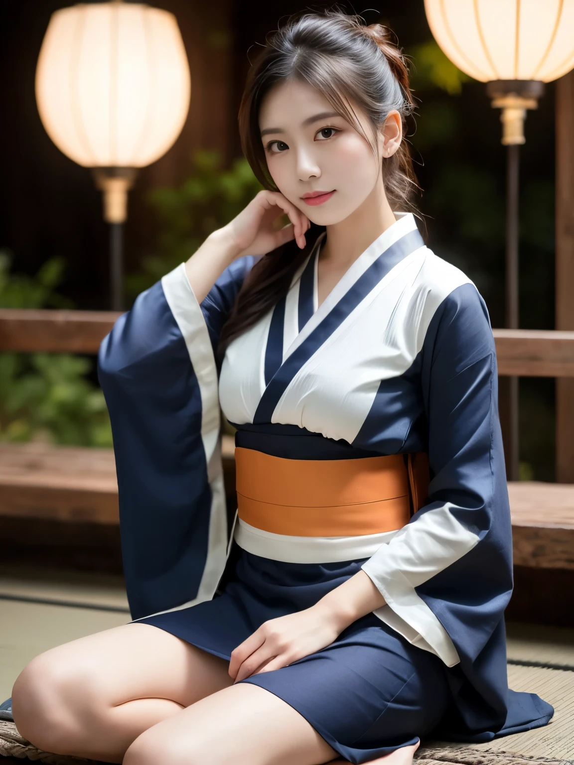 (((masterpiece))), (((highest quality: 1.4))), ((Super Detail: 1.4)) ,ulzzang-6500-v1.1, (Raw photo:1.2), (Photorealistic), (Genuine:1.4), (Full Body Shot:1.3). high school girl, Lesbian, (((Japan Yukata))), , Spread your legs wide、(((Traditional Japanese Kimono、Long-sleeved kimono)))、Embarrassed look、Collarbone fetish、Fluttering kimono、liquor、Indoor at night、(Interior background at night)、Natural Skin Shader, Volumetric, Warm shades beneath her skin,