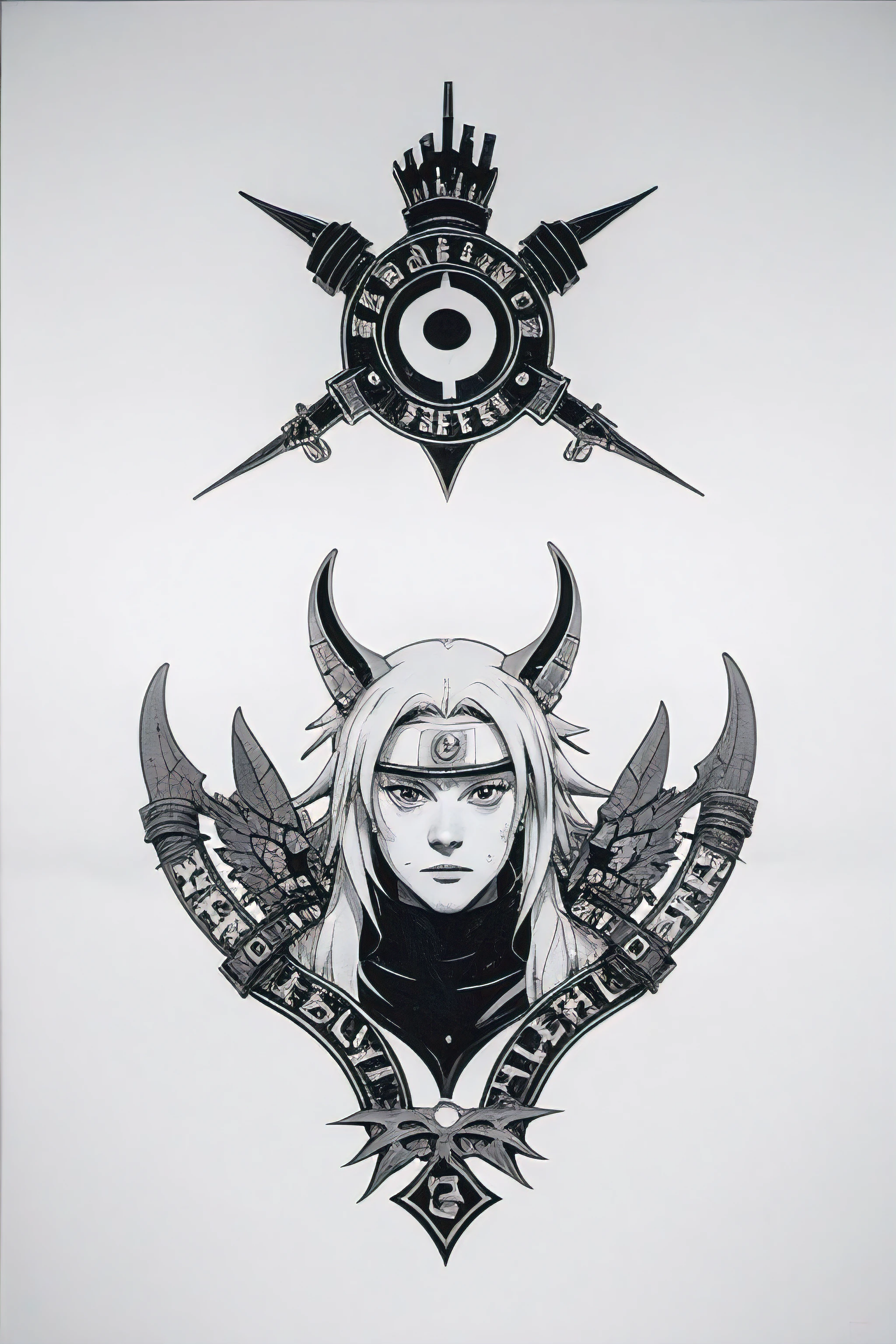Create an Albawhite clan crest the crest must contain the color white and only the crest and something that represents great power. The art style should be inspired by the same art from the anime: "Naruto".