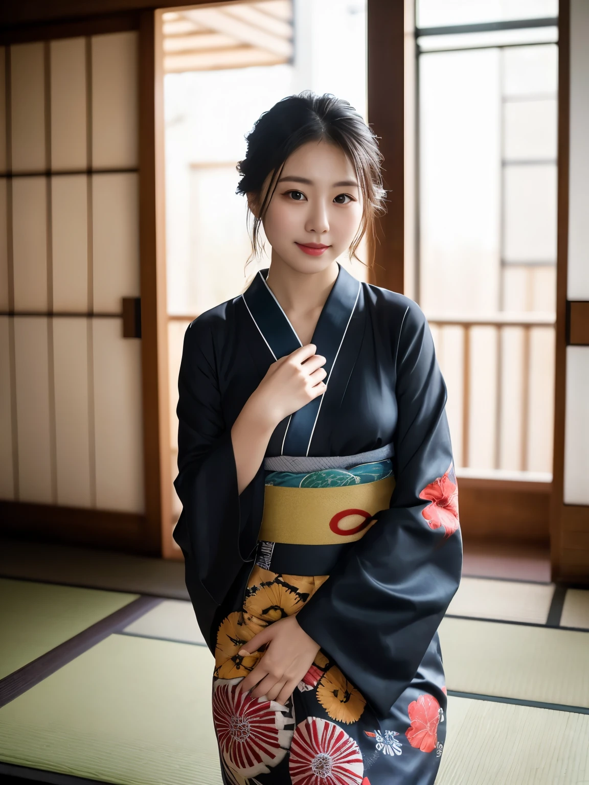 (((masterpiece))), (((highest quality: 1.4))), ((Super Detail: 1.4)) ,ulzzang-6500-v1.1, (Raw photo:1.2), (Photorealistic), (Genuine:1.4), (Full Body Shot:1.3). high school girl, Lesbian, (((Japan Yukata))),  , Spread your legs wide、(((Traditional Japanese Kimono、Long-sleeved kimono)))、Embarrassed look、Collarbone fetish、Fluttering kimono、liquor、Indoor at night、(Interior background at night)、Natural Skin Shader, Volumetric, Warm shades beneath her skin,
