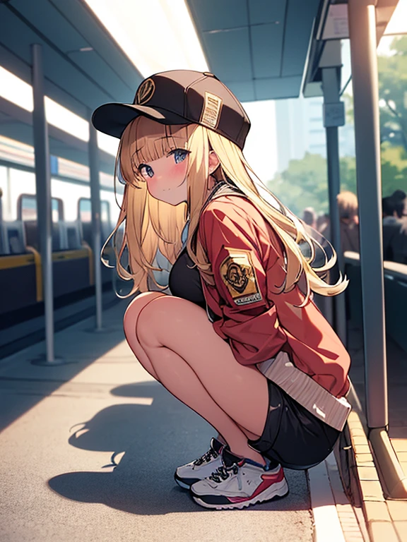 Masterpiece, Top quality, 1 beautiful girl, Blonde, medium Hair, wavy Hair, blunt bangs, silky hair, 15 year old, standard weight, big breasts, (cool jacket, Shorts :1.3), cap, happy, blush, beautiful scene of  subway station, blurry background, back lighting, magnificent panorama view, squatting down, from side