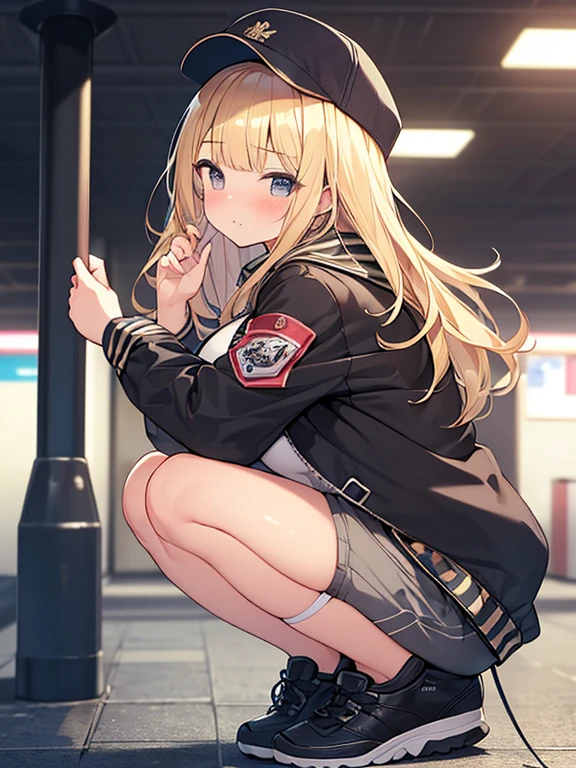 Masterpiece, Top quality, 1 beautiful girl, Blonde, medium Hair, wavy Hair, blunt bangs, silky hair, 15 year old, standard weight, big breasts, (cool jacket, Shorts :1.3), cap, happy, blush, beautiful scene of subway station, blurry background, back lighting, magnificent panorama view, squatting down, from side