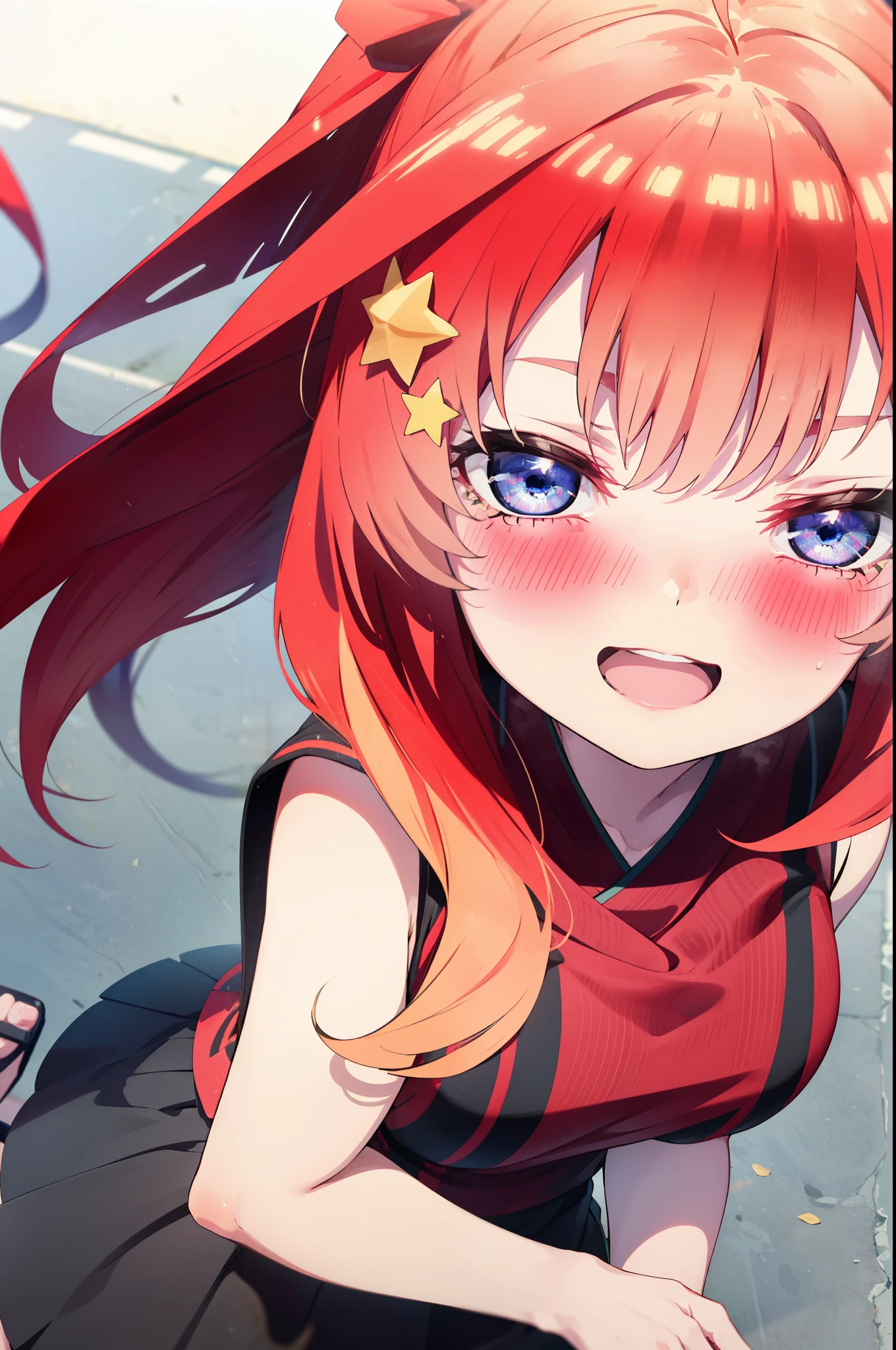 itsukinakano, Itsuki Nakano, bangs, blue eyes, Hair between the eyes, Ahoge, Redhead, star \(symbol\), hair ornaments, star hair ornaments,happy smile, smile, Open your mouth,Sleeveless red dress,Red long skirt,Cute heeled sandals,True Summer,Daytime,Clear skies,My hair is blowing in the wind,whole bodyがイラストに入るように,
break outdoors, In town,海岸通り
break looking at viewer, whole body,
break (masterpiece:1.2), highest quality, High resolution, unity 8k wallpaper, (figure:0.8), (Beautiful fine details:1.6), Highly detailed face, Perfect lighting, Highly detailed CG, (Perfect hands, Perfect Anatomy),