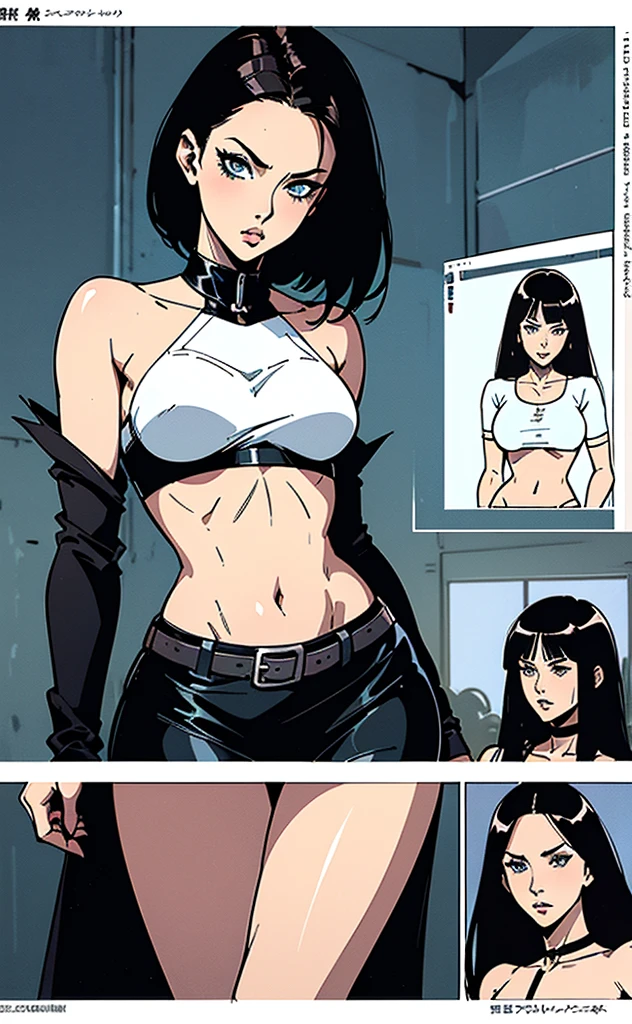 Manga comic sensual brunette girl crop top  tabled skirt In a sensual pose Small waist big hips (bigboob) (Black & White) (highly detailed) (concept art) (manga) (anime) (draw) (face anime detailed) (comics)
