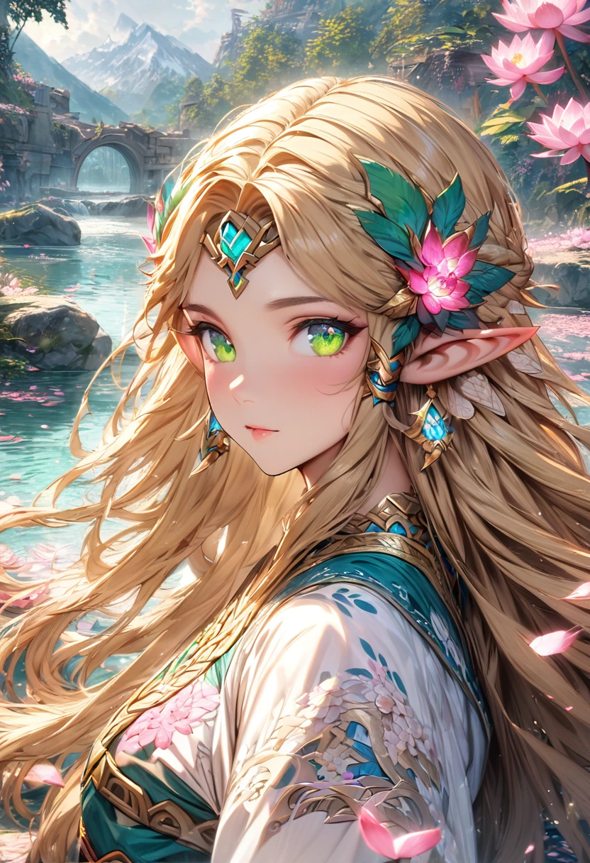 absurd resolution, high resolution, ultra detailed, HDR, master piece, best quality, extremely detailed face and eyes, beautiful vibrant eyes, princess Zelda, blonde hair, expressive green eyes, the legend of zelda breath of the wild, solo, woman, beautiful, elf, water, pink lotus, petals, pink butterflies