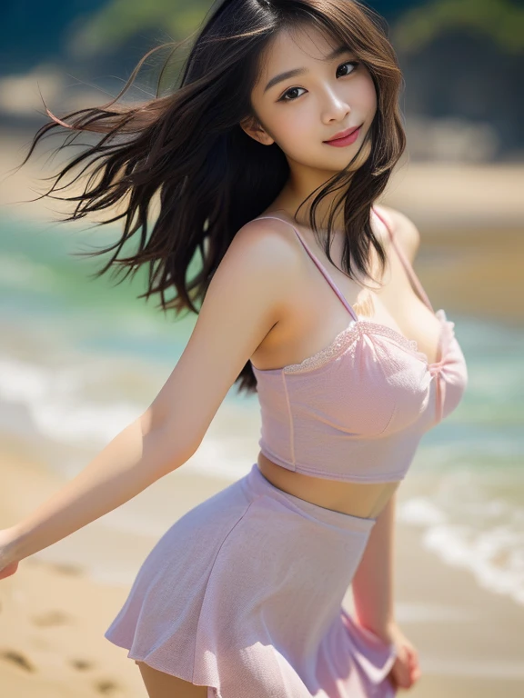 Photo-realistic quality、A woman wearing a pale pink camisole on the beach,Thin shoulder straps、Grey mini skirt、 Beautiful Japanese Girls, Gorgeous Young Japanese Woman, Sexy Idol, beautifulモデルの女の子, beautiful若い日本人女性, young woman,View the photographer、 beautiful20Old Japanese woman, A seductive and seductive smile, Slim girl model photo、looking at the camera、Detailed and beautiful eyes、Soft and small mouth