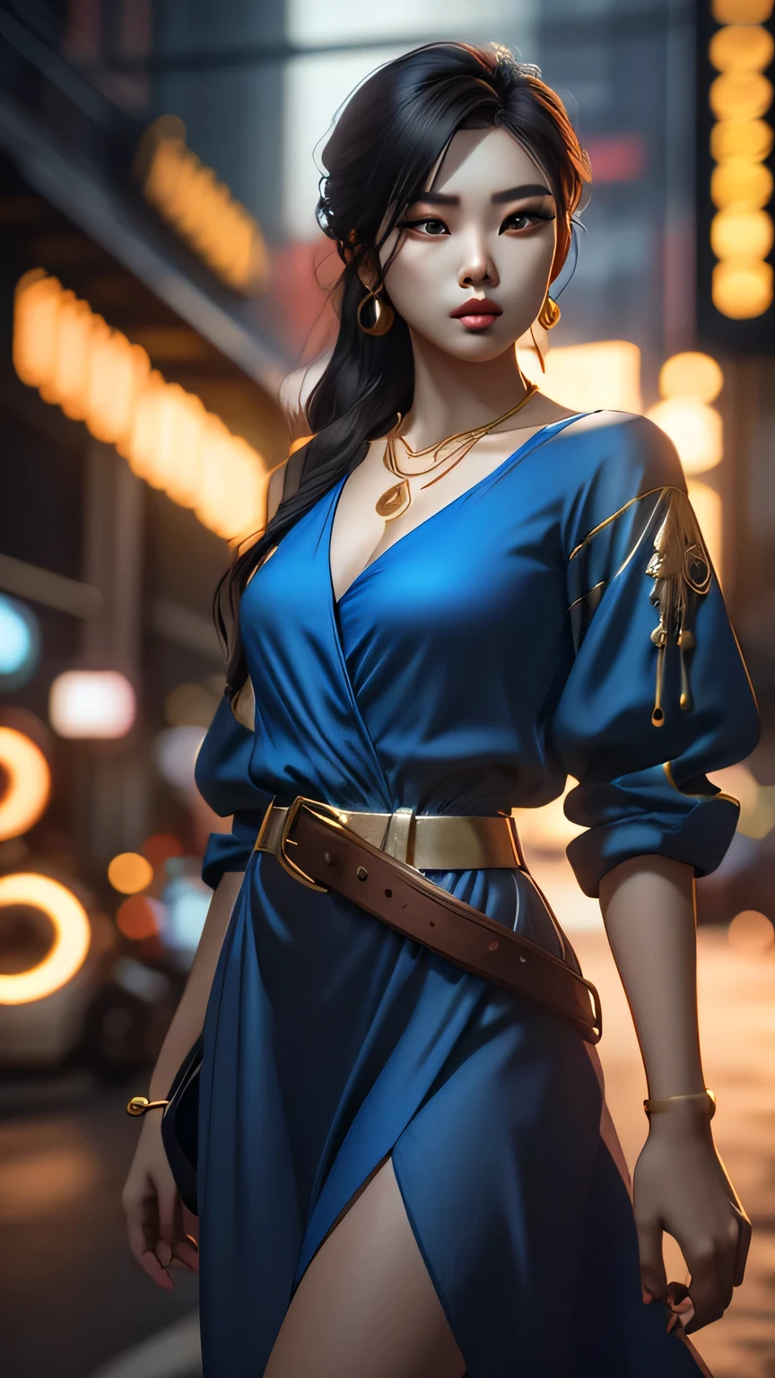 arafed woman in a blue dress with a gold belt and a necklace, 3 d render character art 8 k, trending on cgstation, chengwei pan on artstation, inspired by Lan Ying, 8k artgerm bokeh, 8k high quality detailed art, deviantart artstation cgscosiety, cgsociety 8k, cgsociety 8k