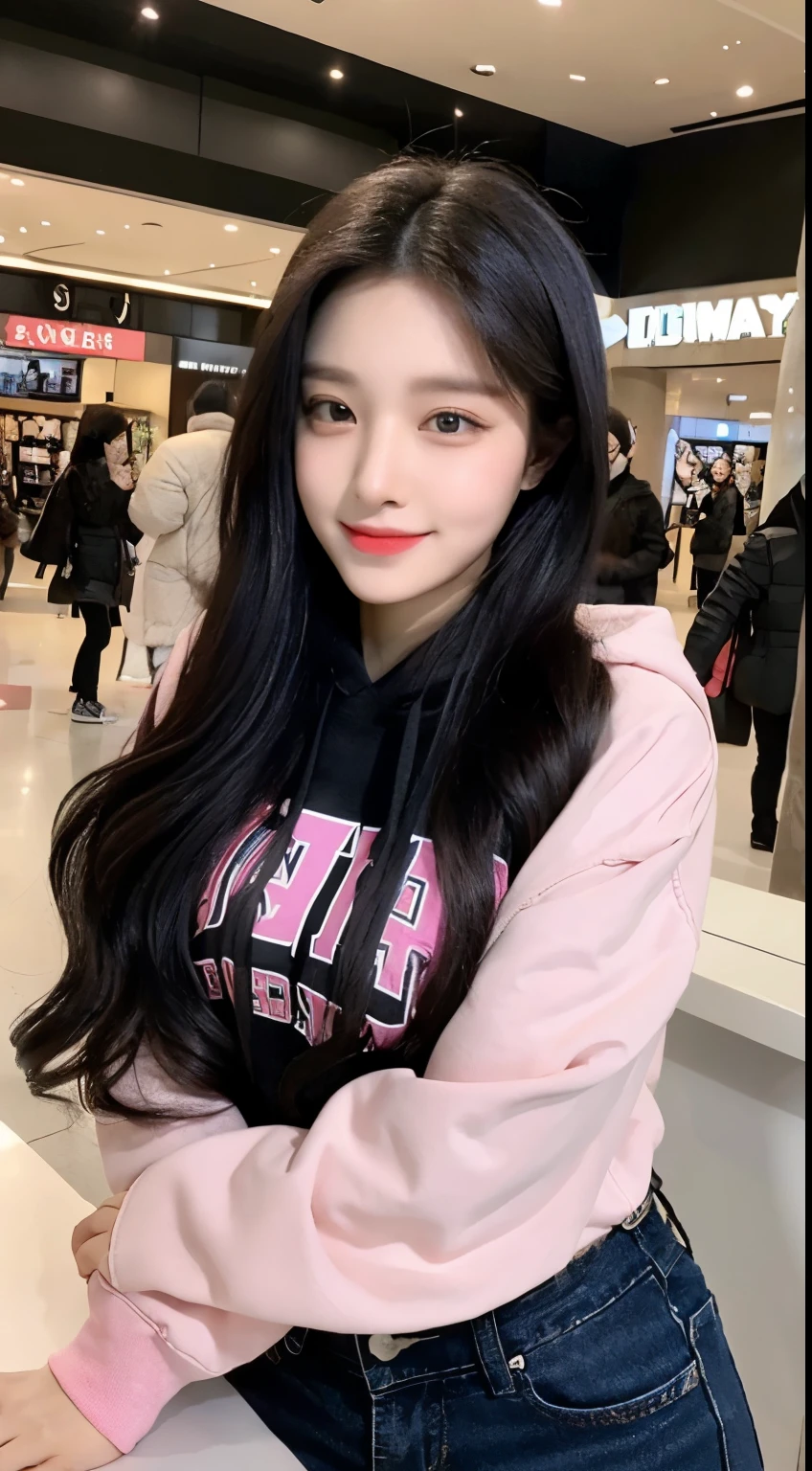 20 years old, pure beauty, Danfeng Eyes, double eyelids, lying silkworm, long eyelashes, a Korean woman, wearing a black hijab, wearing a pink hoodie, wearing black pants, white shoes, smile:1.2, background in a very busy mall, stylish, cute girl, perfect eyes, perfect face, Filter rendering, Ultra-fine, HD, HD, HD picture quality, detail, 18k ultra HD resolution, top effects, masterpiece, Half-length photos.