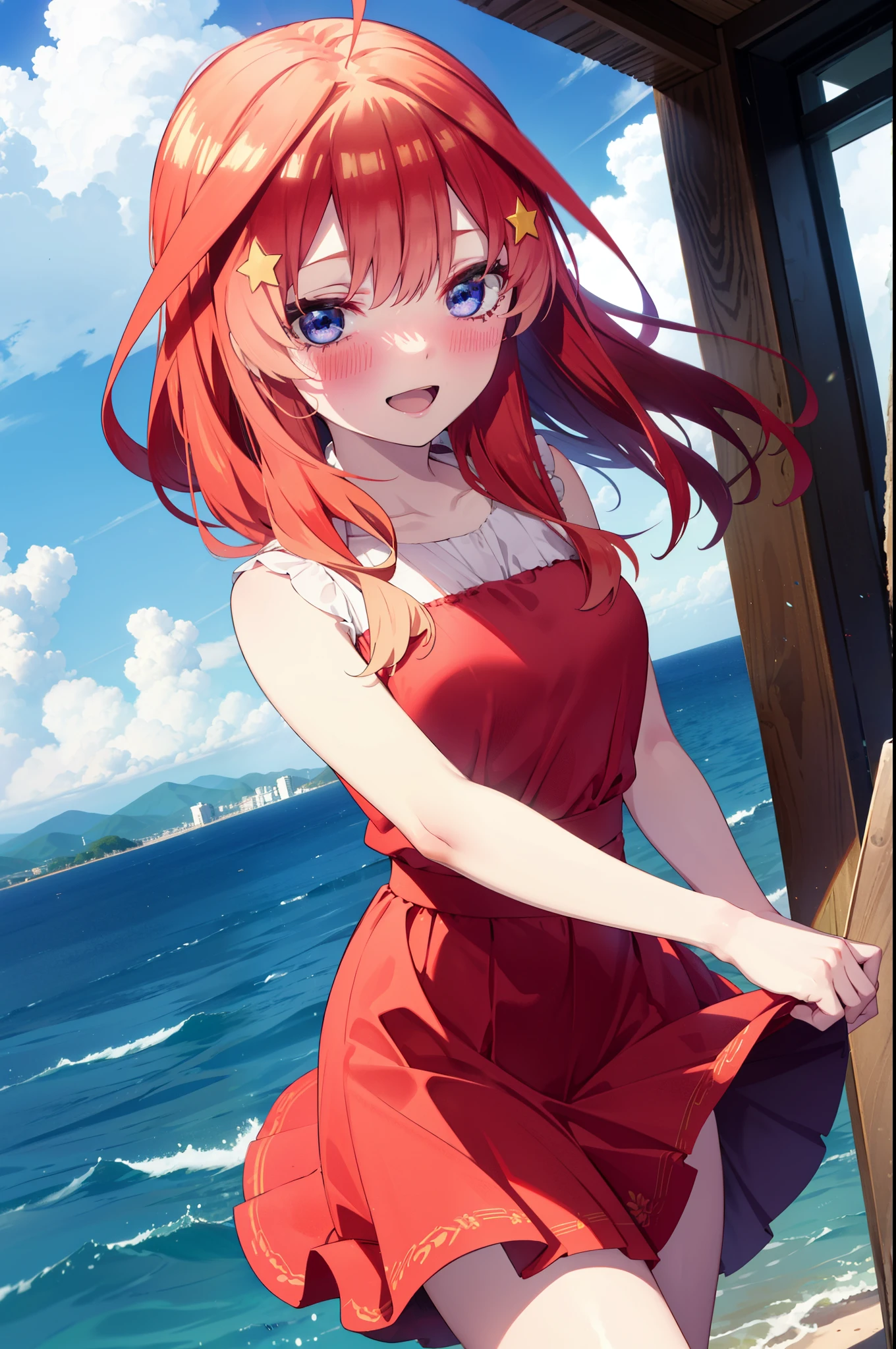 itsukinakano, Itsuki Nakano, bangs, blue eyes, Hair between the eyes, Ahoge, Redhead, star \(symbol\), hair ornaments, star hair ornaments,happy smile, smile, Open your mouth,Sleeveless red dress,Red long skirt,Cute heeled sandals,True Summer,Daytime,Clear skies,My hair is blowing in the wind,whole bodyがイラストに入るように,
break outdoors, In town,海岸通り
break looking at viewer, whole body,
break (masterpiece:1.2), highest quality, High resolution, unity 8k wallpaper, (figure:0.8), (Beautiful fine details:1.6), Highly detailed face, Perfect lighting, Highly detailed CG, (Perfect hands, Perfect Anatomy),