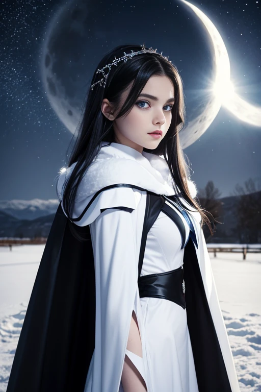 teenager, 1.3, super villain, lolita, with black hair and blue eyes, detailed face , sexy, white girl, dress with cape, desing with christian cross , background in snow , moon behind
