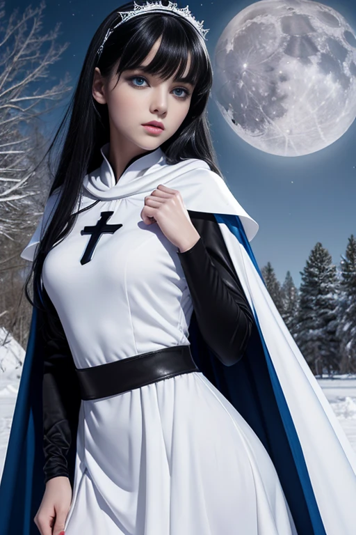 ager, 1.3, super villain, loliwith black hair and blue eyes, detailed face , sexy, white girl, dress with cape, desing with christian cross , background in snow , moon behind