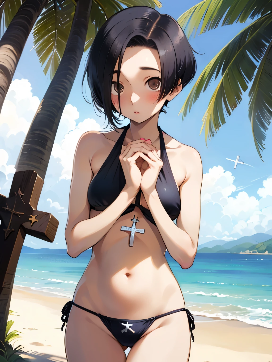 NSFW,Aarinko、short hair、Black Hair、Bobcut、(Cross halter bikini:1.5),Embarrassed,blush,(Perfect hands),(Perfect Anatomy),(masterpiece),(highest quality),Looking up,Lonely look,beach,Palm tree,Rock Shade,looking at the camera,Look Up