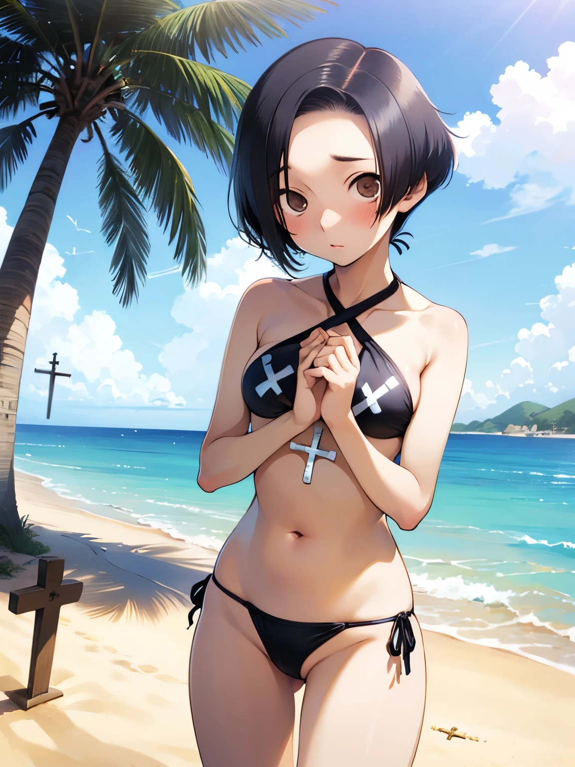 NSFW,Aarinko、short hair、Black Hair、Bobcut、(Cross halter bikini:1.5),Embarrassed,blush,(Perfect hands),(Perfect Anatomy),(masterpiece),(highest quality),Looking up,Lonely look,beach,Palm tree,Rock Shade,looking at the camera,Look Up