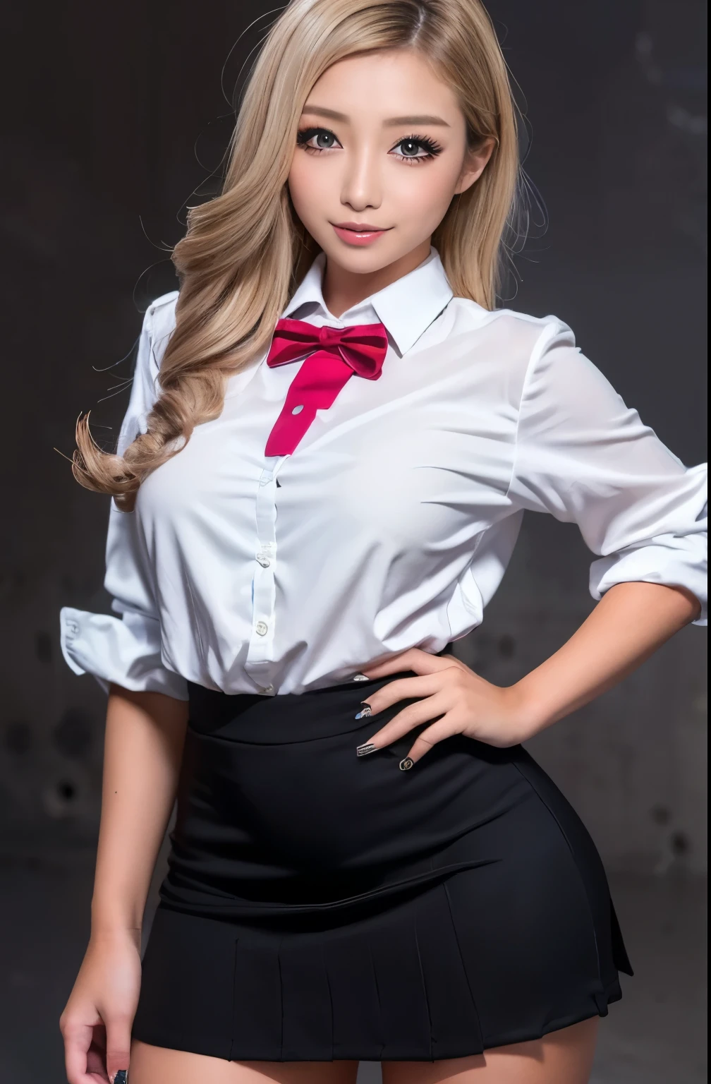 White background、Gal、(A tall high school girl with a model figure:1.8)、(Standing facing this), Full body photo,(wide thighs, とてもLong legs), (masterpiece:1.3), (8k, Realistic, RAW Photos, highest quality: 1.4), Beautiful Face, (Realistic face), (Blonde short cut:1.3), Realistic目, Very beautiful eyes, Realistic skin, Beautiful Skin, Ultra-high resolution, Super Realistic, Very detailed, Golden Ratio, cute, cute female teacher, Full body portrait, Thin arms, (Big Breasts)、 High school girl in JK uniform, High Waist Pleated Micro Mini Skirt, Full body portrait, Thin arms, Big Breasts、wide thighs、Long legs,You can see the valley、Swayback stance
