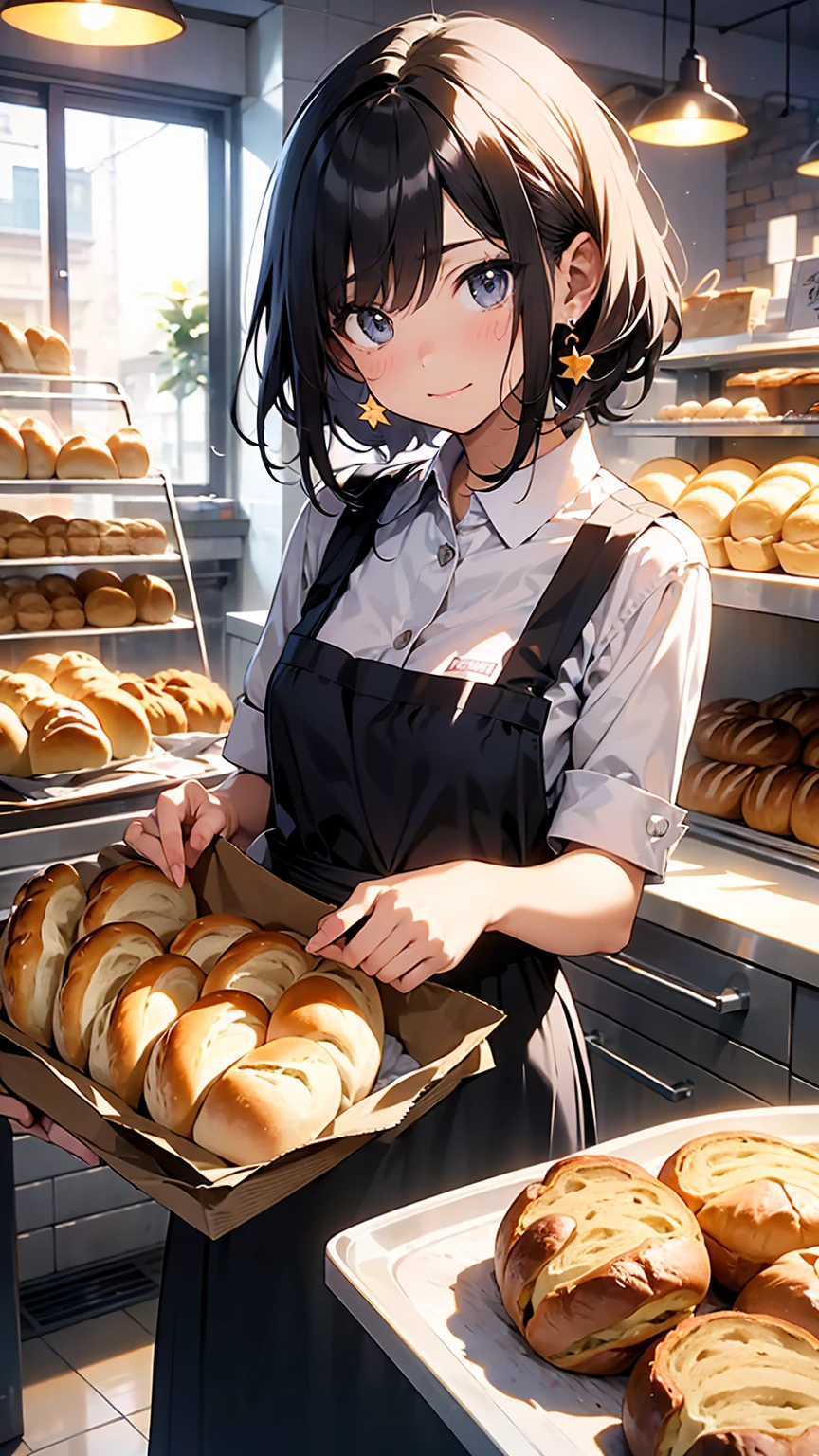 Masterpiece、((The inside of a bakery famous for its cute clerks and a cute baker、Bread with the face of an anime character、Cute-looking bread is on display.)):1.9、Bread making、Highly detailed background，Realistic，ultra-detailliert，super detailed skin，light glow，Film grain，Expro II，Lens Flare，Sharpen，cinematic shadow