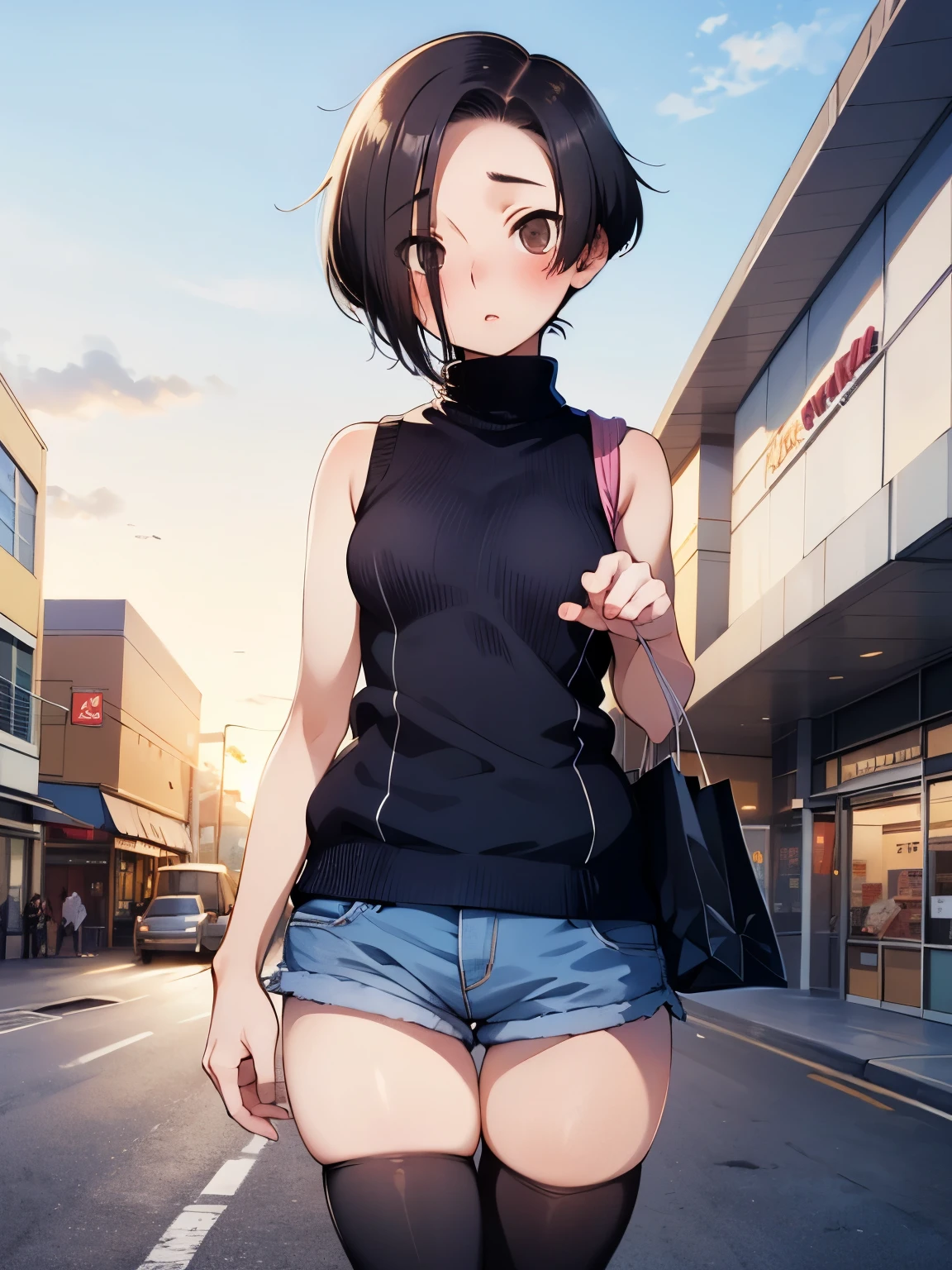 NSFW,Aarinko、short hair、Black Hair、Bobcut,Turtleneck sweater,Sleeveless,Shorts,Knee-high socks,Embarrassed,blush,(Perfect hands),(Perfect Anatomy),(masterpiece),(highest quality),Looking up,Lonely look,Department Wah Street,Shopping mall,looking at the camera,Look Up