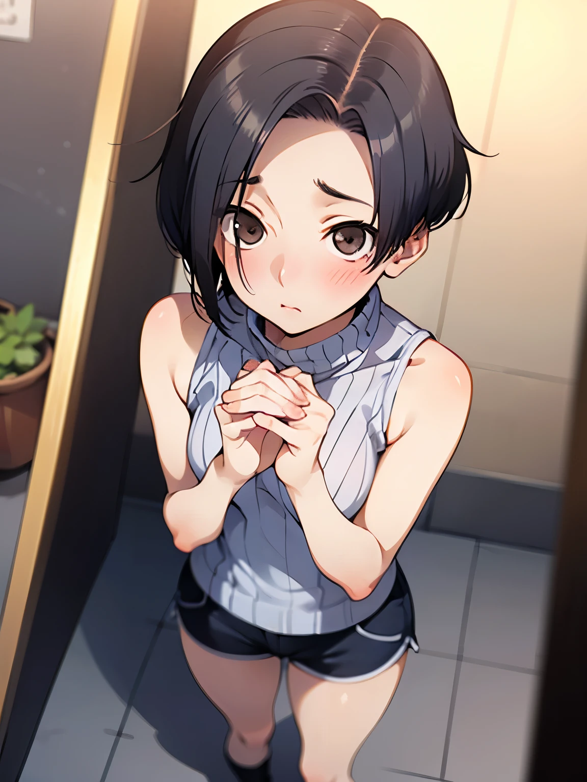 NSFW,Aarinko、short hair、Black Hair、Bobcut,Turtleneck sweater,Sleeveless,Shorts,Knee-high socks,Embarrassed,blush,(Perfect hands),(Perfect Anatomy),(masterpiece),(highest quality),Looking up,Lonely look,Department Wah Street,Shopping mall,looking at the camera,Look Up