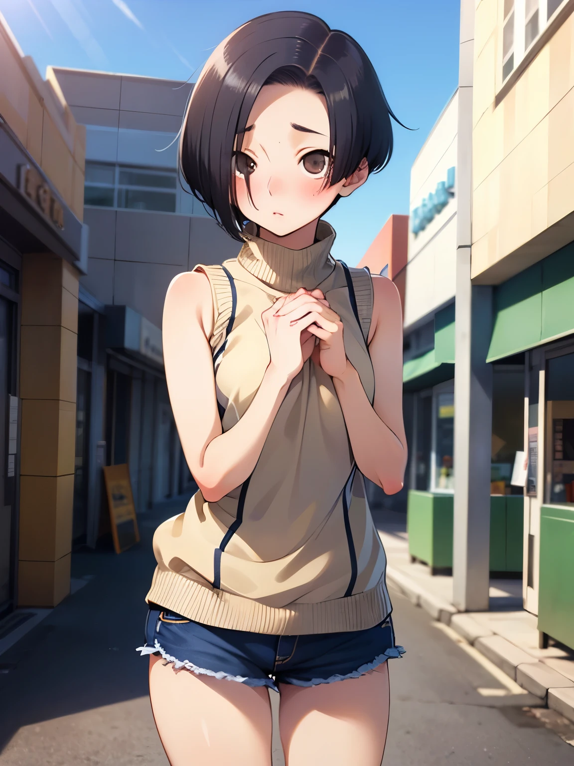 NSFW,Aarinko、short hair、Black Hair、Bobcut,Turtleneck sweater,Sleeveless,Shorts,Knee-high socks,Embarrassed,blush,(Perfect hands),(Perfect Anatomy),(masterpiece),(highest quality),Looking up,Lonely look,Department Wah Street,Shopping mall,looking at the camera,Look Up