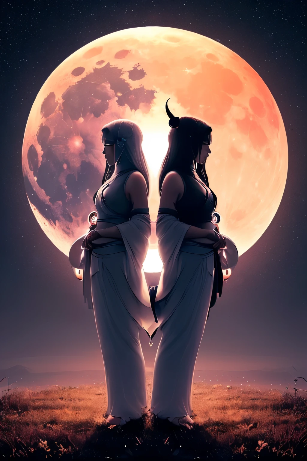 (Yin Yang lunar eclipse,moon,sky,stars,celestial bodies,eclipse,solstice,tranquil,night,serene,calm,harmony,balance,yingyang symbol,duality:1.2),dark and light,hazy,ethereal,subtle,halo effect