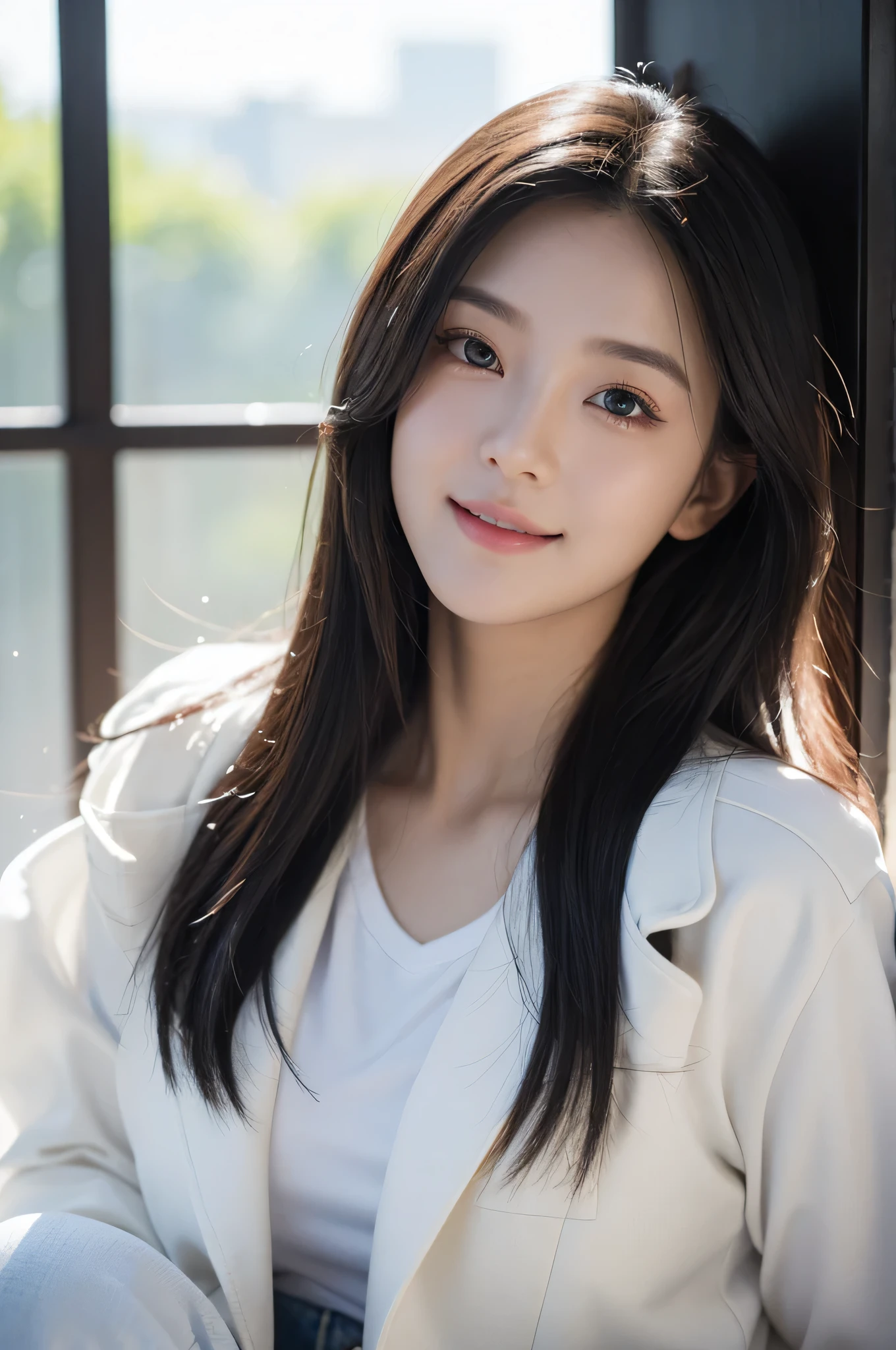 Best quality,tmasterpiece,Ultra HD,(Reality:1.4),RAW photogr,1girl,Long hair,Face Highlight,,Girl,,18 years old,18 years old smiling female classmate,,Innocent,(Best picture quality,8K,masterpiece:1.3),Oval face,big eyes,Long eyelashes,Exquisite(Realistic style),Star Eyes,Ultimate face shape,Realistic lighting and shadows,Clear facial features,Milky skin,White skin,Highly detailed skin,Realistic skin details,Visible pores,(Ultra Detail),(Perfect body:1.1),Long hairWhite hair,(Dynamic poses),((Dynamic Background((Volumetric Light:1.3)),Solid color background,White coat,White vest,jeans,Eyes look at the lens,Black eyes,