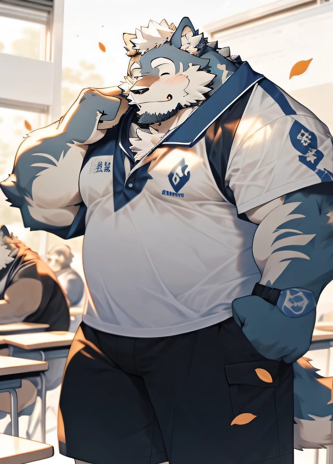 hairy，（Wolf，White short sleeve，Roll up your sleeves，shorts），beard，White fur，male，Common，full-body shot， Dynamic poses，There are fallen leaves，Sunlight，In class，in the groundroom，ground，In class，Close your eyes，blush，Smile，Detailed background，Extremely lifelike shadow，masterpiece，Very detailed，lifelike