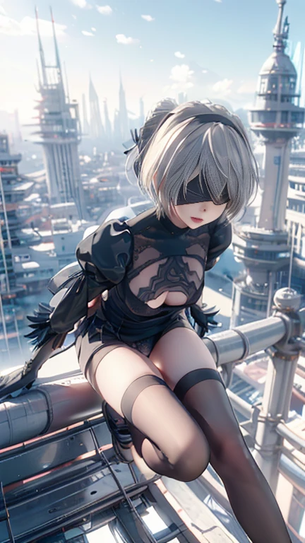 ((highest quality)), ((masterpiece)),(detailed),High resolution,Sharp focus, (非常にdetailed CG unity 8k wallpaper),(((Vibrant colors))), Perfect Face,One girl,Game Characters,2B,Yoruhano. 2 Type B,Nier Automata, High resolution,Second dimension beautiful girl,Super Beauty,Glowing Skin,Shiny silver hair,Short Bob Hair, Big Breasts,glamorous_expensive_Tight waist_Long legs,curve, Camel Toe,(Blindfold),(Black eye mask),hair band, cute,erotic,Bold,露出度のexpensive服装,show 肌,A breathtaking leap, Cityscape in the background,from above,