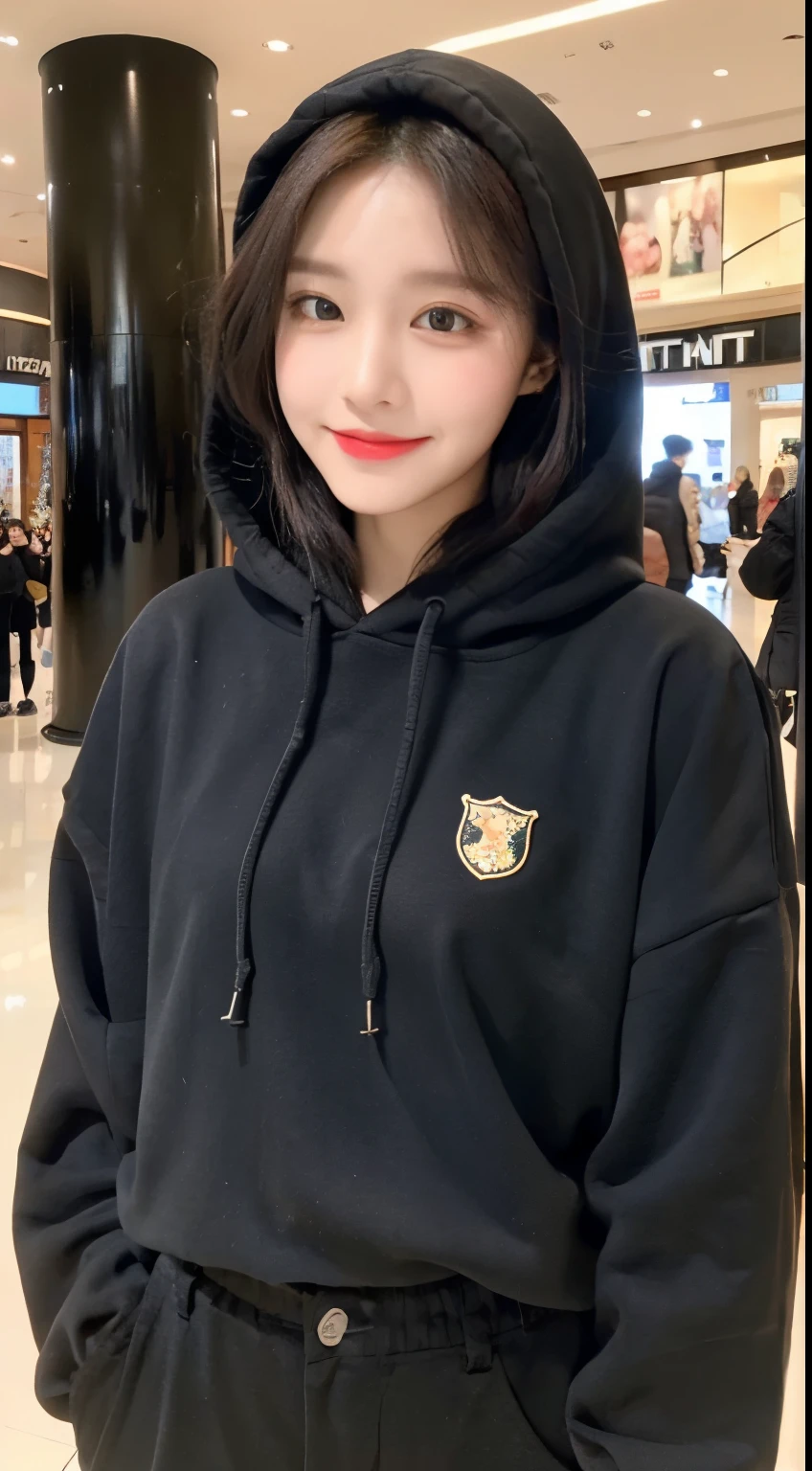20 years old, pure beauty, Danfeng Eyes, double eyelids, lying silkworm, long eyelashes, a Korean woman, wearing a black hijab, wearing a pink hoodie, wearing black pants, white shoes, smile:1.2, background in a very busy mall, stylish, cute girl, perfect eyes, perfect face, Filter rendering, Ultra-fine, HD, HD, HD picture quality, detail, 18k ultra HD resolution, top effects, masterpiece, Half-length photos.