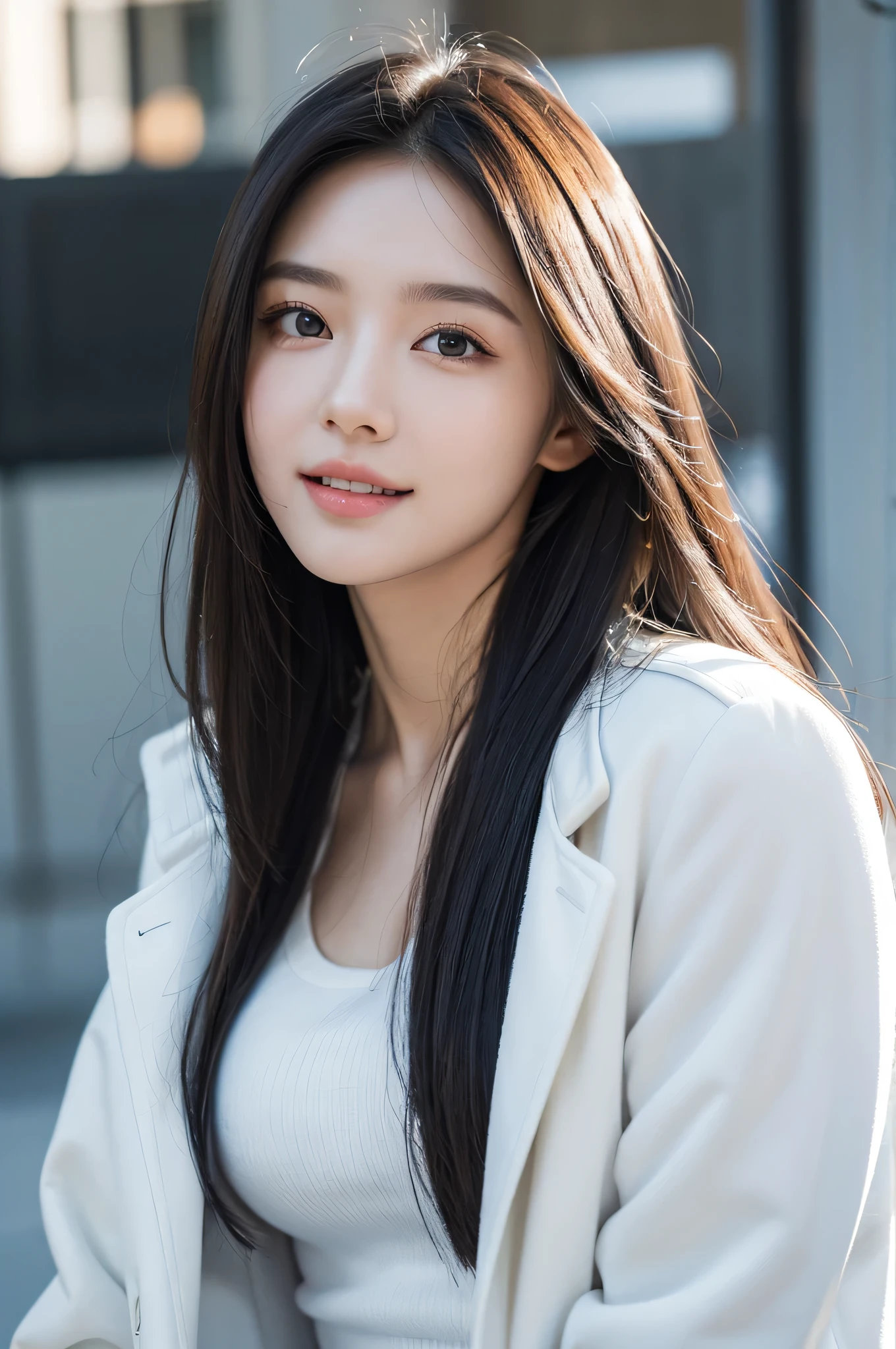Best quality,tmasterpiece,Ultra HD,(Reality:1.4),RAW photogr,1girl,Long hair,Face Highlight,,Girl,,18 years old,18 years old smiling female classmate,,Innocent,(Best picture quality,8K,masterpiece:1.3),Oval face,big eyes,Long eyelashes,Exquisite(Realistic style),Star Eyes,Ultimate face shape,Realistic lighting and shadows,Clear facial features,Milky skin,White skin,Highly detailed skin,Realistic skin details,Visible pores,(Ultra Detail),(Perfect body:1.1),Long hairWhite hair,(Dynamic poses),((Dynamic Background((Volumetric Light:1.3)),Solid color background,White coat,White vest,jeans,Eyes look at the lens,Black eyes,