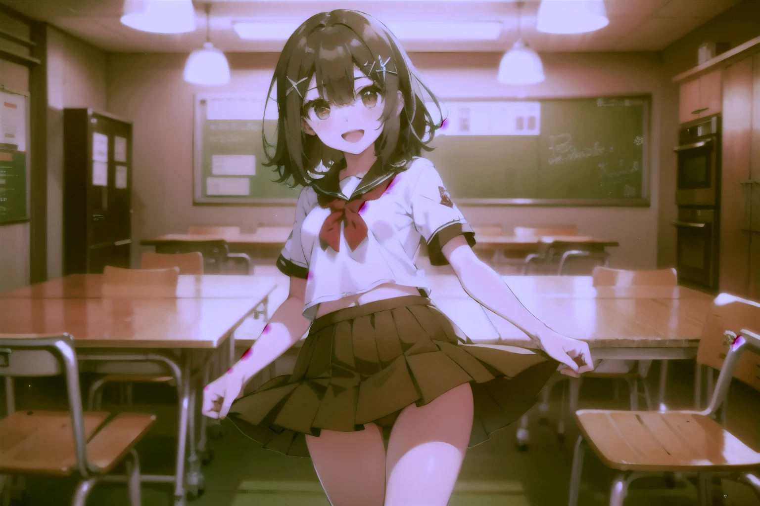 school swimsuit:1.4, , , (miyu edelfelt, Prisma☆Illya, black hair, brown eyes, medium hair, x-shaped hair ornament), (masterpiece, best quality, ultra-highdetail, extremely detailed illustration,intense shadows, 8k quality), very short pleated skirt, low angle, from below, happy smile, embarrassed,sparkling pupils, gleaming skin, open mouth, looking at viewer, full body, five fingers, Standing, very short pleated skirt,