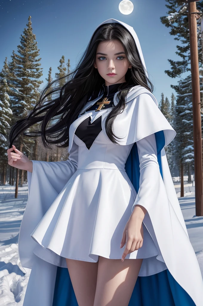 teenager, 1.3, super villain, lolita, teen(1.3) girl, black hair and blue eyes, detailed face , sexy, white girl, dress with cape, desing with christian cross , background in snow , moon in the sky
