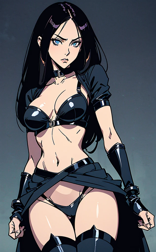 Manga comic sensual Straight long brunette girl blue eyes, black tabled skirt In a sensual pose Small waist, big hips, Toned and defined body (bigboob) (Black & White) (highly detailed) (concept art) (manga) (anime) (draw) (face anime detailed) (comics)
