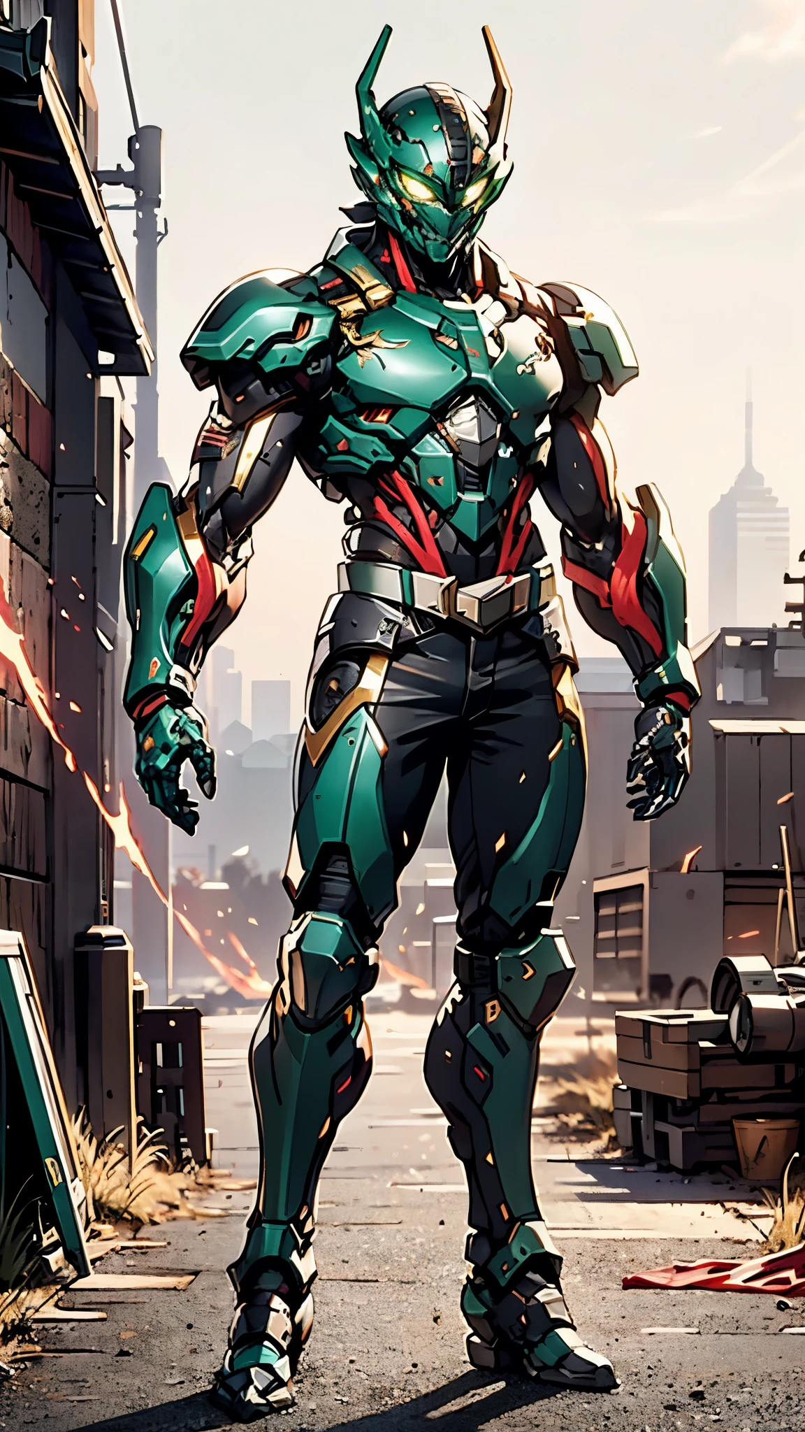 A man wearing a full-face helmet, a fantasy-style biotech armored combat suit, green eyes, (a composite layered chest armor), fully enclosed shoulder guards, matching arm and leg guards, the belt is adorned with dragon claw grasping orbs, (the color scheme is primarily black with red accents), the design balances heavy with agility, a high-tech bio-mecha armor, (Armor Concept Inspired by Dragons, stand on the top of a skyscraper in a futuristic sci-fi city), this character embodies a finely crafted fantasy-surreal style armored hero in anime style, exquisite and mature manga art style, (element, plasma, energy, the armor glows), ((male:1.5)), metallic, real texture material, dramatic, high definition, best quality, highres, ultra-detailed, ultra-fine painting, extremely delicate, professional, perfect body proportions, golden ratio, anatomically correct, symmetrical face, extremely detailed eyes and face, high quality eyes, creativity, RAW photo, UHD, 32k, Natural light, cinematic lighting, masterpiece-anatomy-perfect, masterpiece:1.5