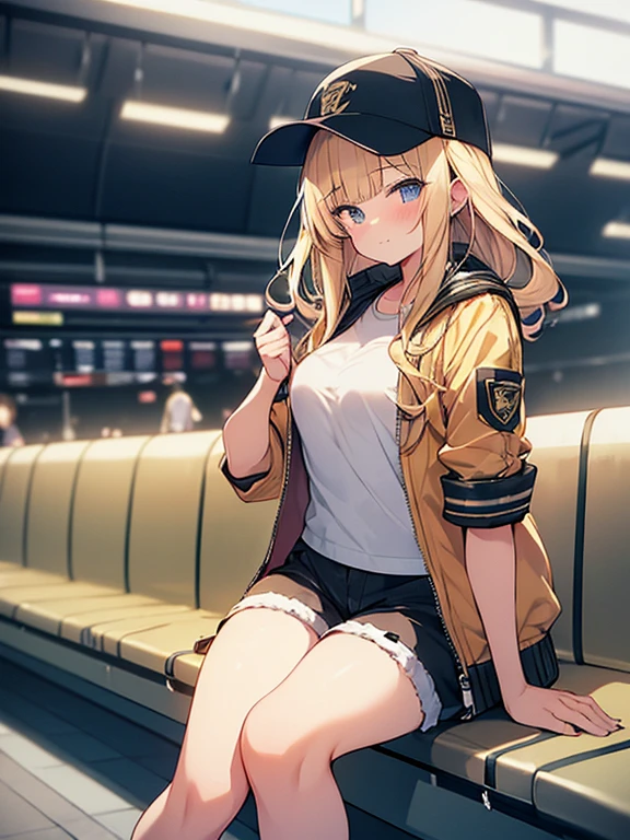 Masterpiece, Top quality, 1 beautiful girl, Blonde, medium Hair, wavy Hair, blunt bangs, silky hair, 17 year old, standard weight, medium breasts, (cool jacket, Shorts :1.3), cap, happy, blush, beautiful scene of  subway station, blurry background, back lighting, magnificent panorama view, sitting, from side