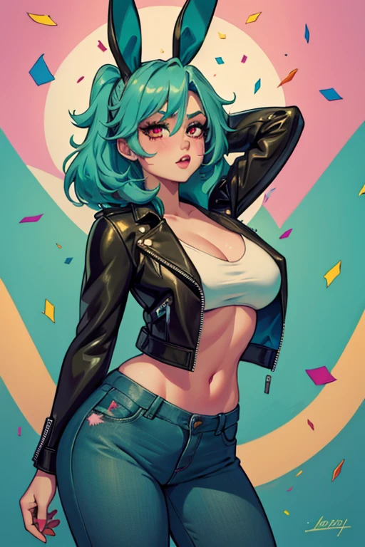 A light teal haired woman with one red eye and one green eye with an hourglass figure with light teal bunny ears wearing a leather jacket and jeans is blushing in a flurry of confetti
