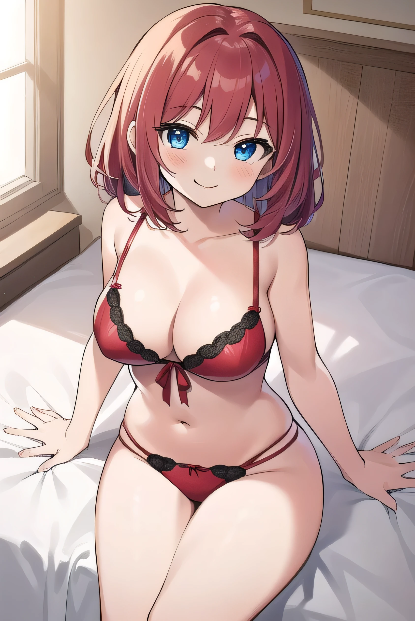 Big breasts, red hair, blue eyes, droopy eyes, elementary school student, super big breasts, (medium hair: 1), elementary school student, young face, short height, , shy , smiling a little, soft hair,red Lingerie Set,bed,lying on back