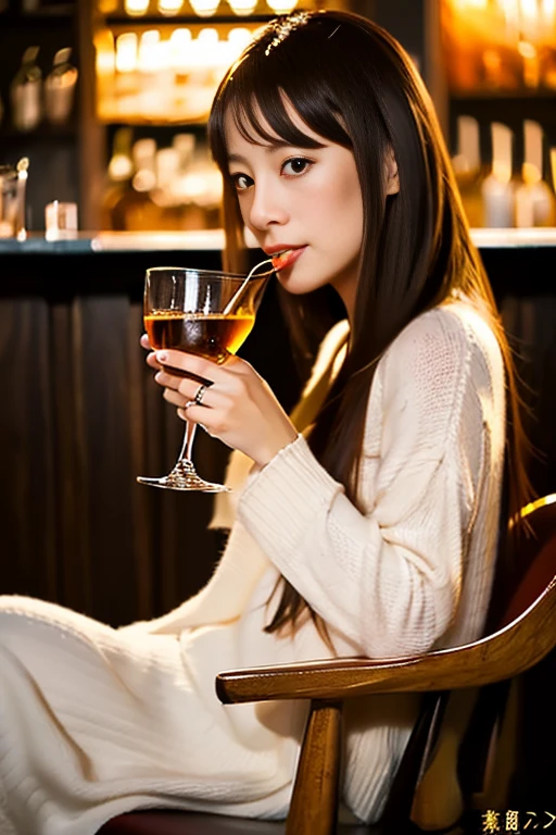 a japanese beautiful woman, 25 years old, 8k, super detail, best quality, masterpiece, (photorealistic:1.4), Drinking whiskey from a glass, bar, (full body:1.5), first-person view,