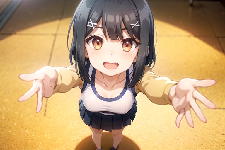 school swimsuit:1.4, 12 years old, ,  (miyu edelfelt, Prisma☆Illya, black hair, brown eyes, medium hair, x-shaped hair ornament), (masterpiece, best quality, ultra-highdetail, extremely detailed illustration,intense shadows, 8k quality), very short pleated skirt,  low angle, from below, happy smile, embarrassed,sparkling pupils, gleaming skin, open mouth, looking at viewer, full body, five fingers, Standing, very short pleated skirt, 