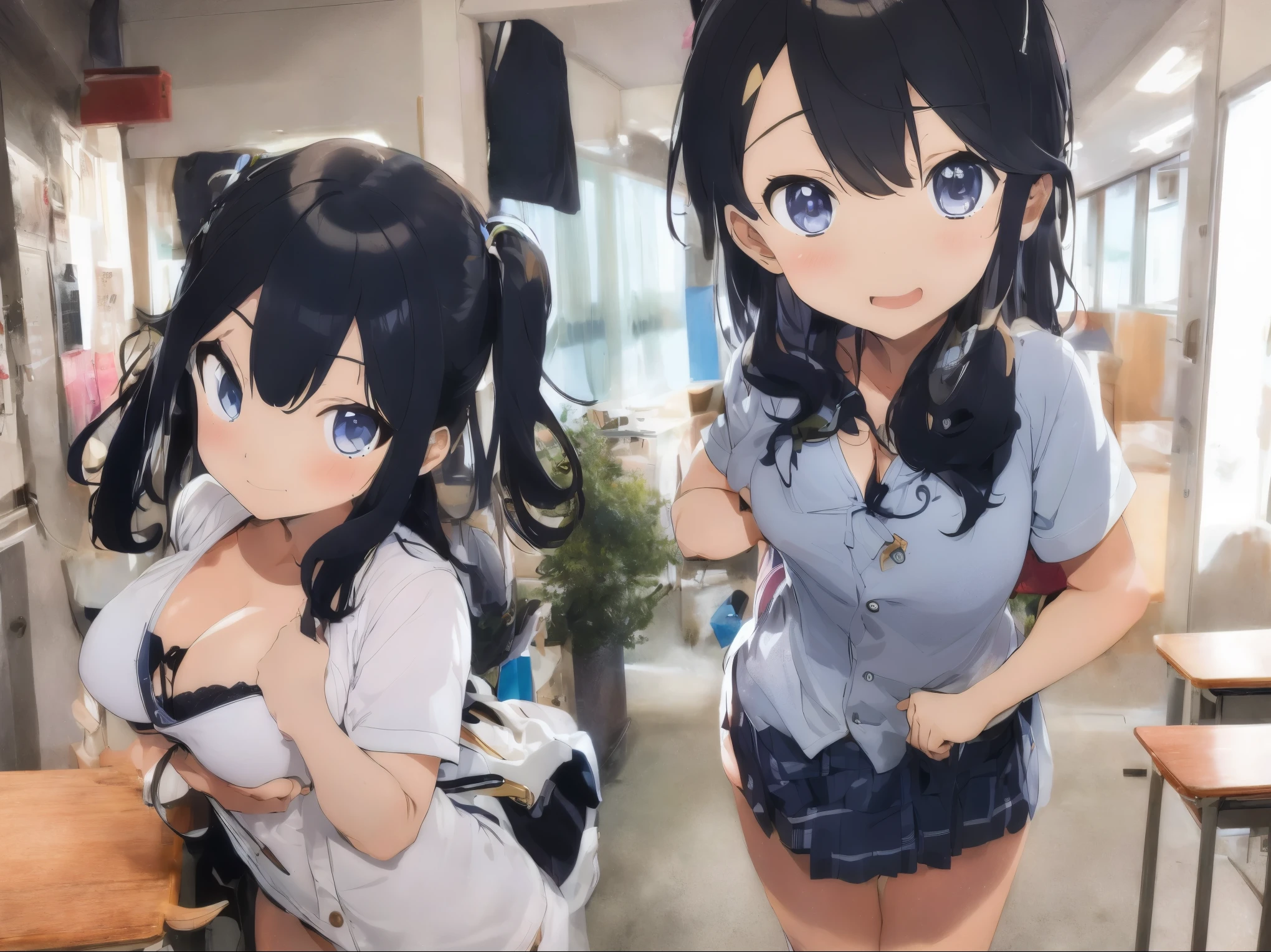 Changing into a micro bikini in the school classroom、Black Hair Girl、A girl changing into a micro bikini、A white short-sleeved shirt with all the buttons undone、Cute warm colored bra、Cute warm-colored underwear、barefoot、Changing clothes in the classroom with lots of friends
