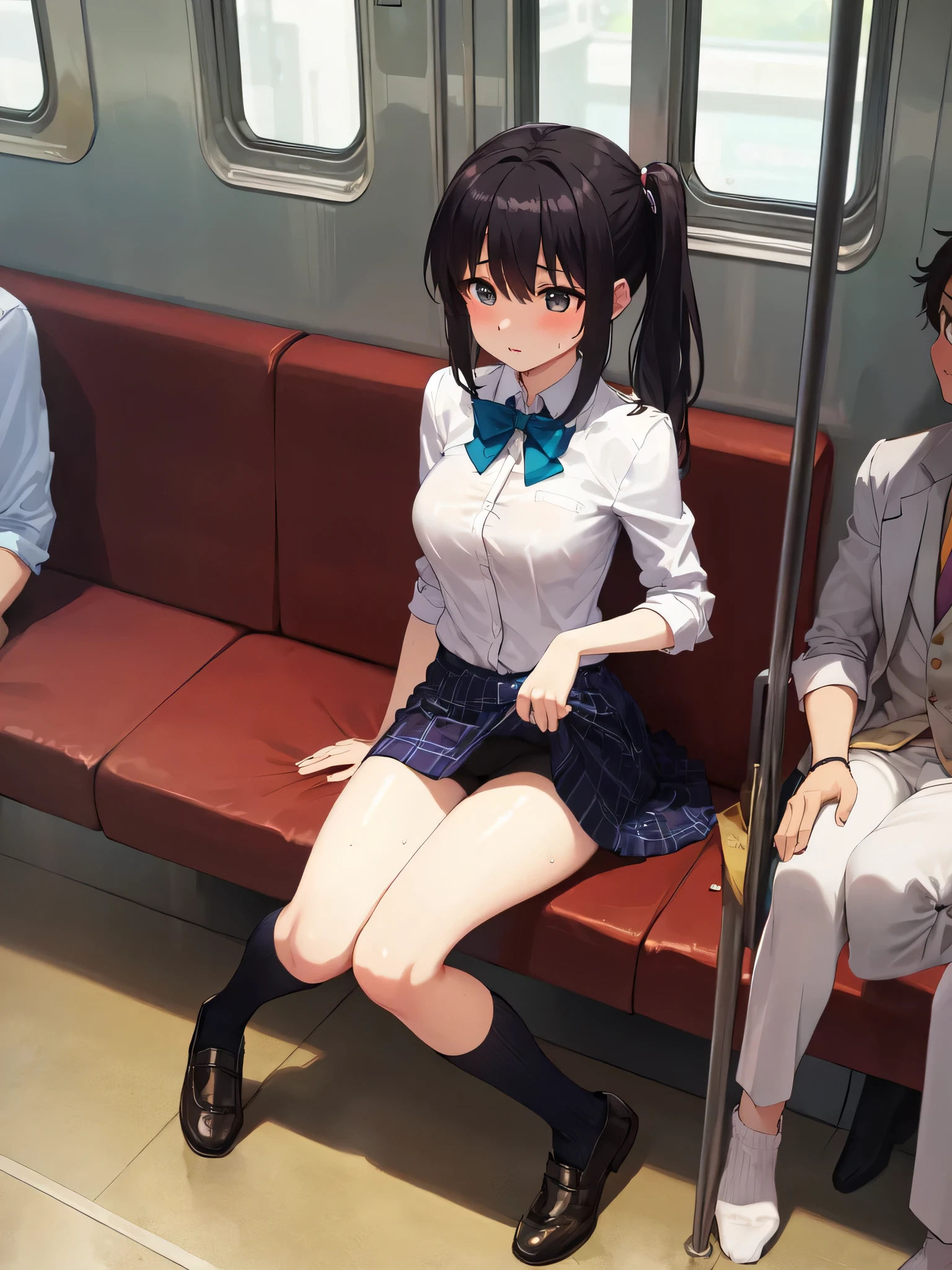 (Masterpiece:1.2), (high quality), (pixiv:1.4), (anime:1.4), panties, loose socks, black hair, buttocks, blue skirt, solo, blazer type, loose socks, lifting clothes, brown eyes, pure gaze, miniskirt, herself lift, plaid skirt, blush,((medium breasts)), (heart-shaped pupils),(side ponytail), (a lot of sweat), Long hair, Physical education sitting, beauty legs, ((on the train))