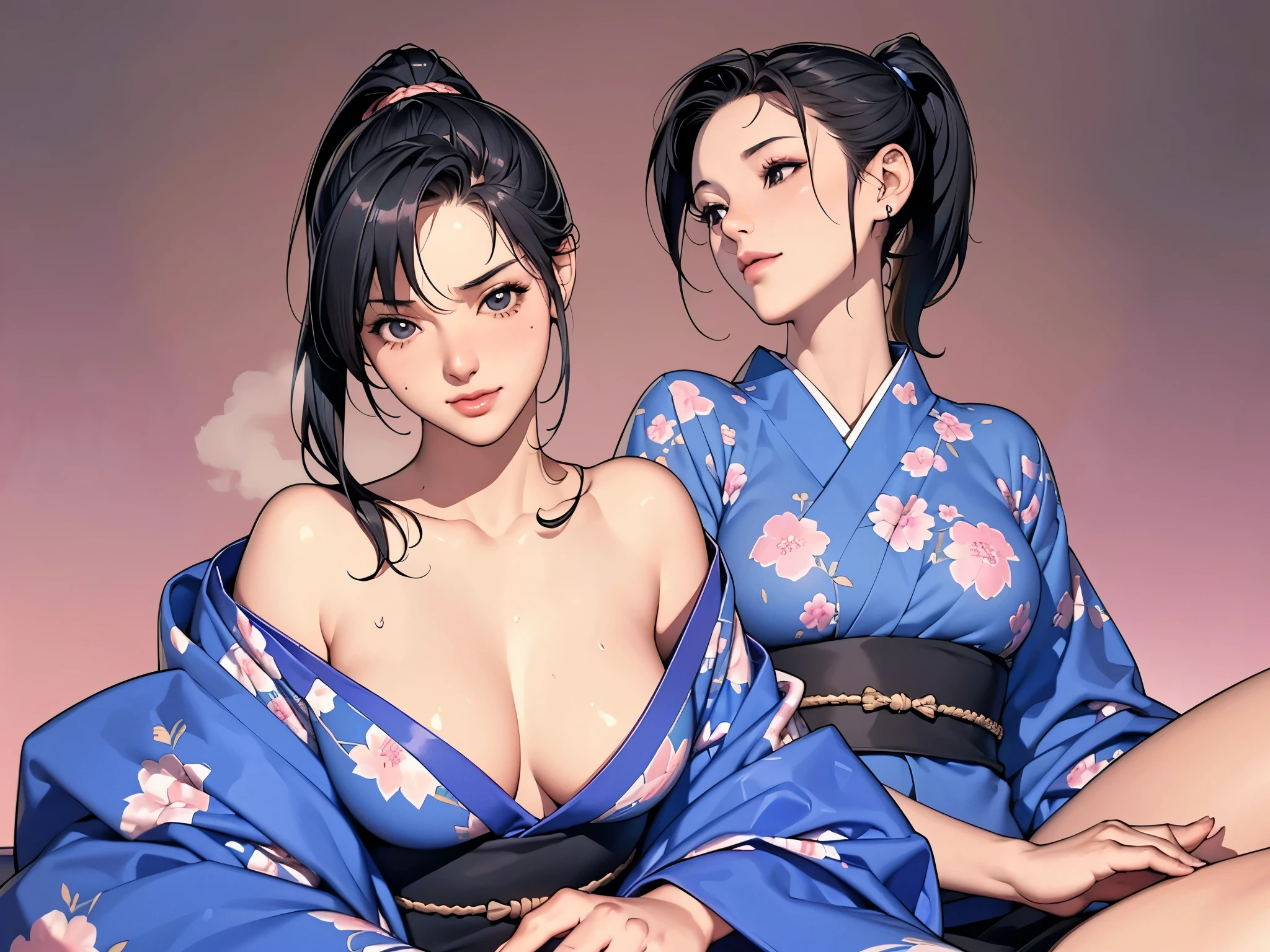 8k, highest quality, ultra high resolution, 1 female, 1980s pop culture anime style, 21 years old, (masterpiece, high resolution, detailed), Japanese, sweating, short cut, ponytail, big breasts (photorealistic) :1.4), (Famous Japanese actress:1.2), very beautiful, cute, professional photo, very delicate and beautiful, very detailed, very detailed beautiful girl, very detailed face, very detailed eyes, very detailed skin, very detailed fingers, very detailed nose, very detailed mouth, perfect anatomy, realistic body, fair skin, shiny skin, slender body, good figure, looking at viewer, smile, cute laugh Face (Black hair, (Ponytail, Beautiful girl, Perfect small face, D cup, Thin, Top quality, Ultra high resolution, Detailed background, Masterpiece, Anatomically correct, Detailed face, Beautiful face in every detail, Cute 20 Beautiful girl in her s, black hair, highest quality, 4K quality, hot spring, sitting woman, woman in yukata, woman's ponytail, woman is 21 years old Steam, sweat,