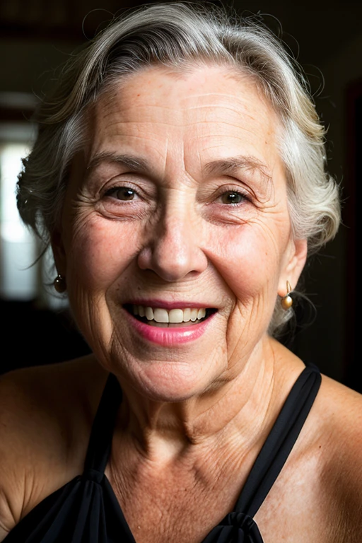 RAW Photos, Beautiful 85-year-old face photo.Ladies,, Cute face, Wearing a black dress, smile, Hard Shadows, Cinematic shots, Dramatic lighting、Wrinkled face、Alluring and moist eyes、Wearing a big saggy dress, smile, Hard Shadows, Cinematic shots, Dramatic lighting