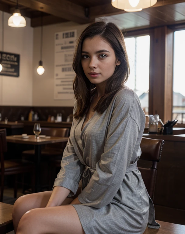 Une belle fille en robe au restaurant avec des cheveux brins, best quality, 8k, Realistic