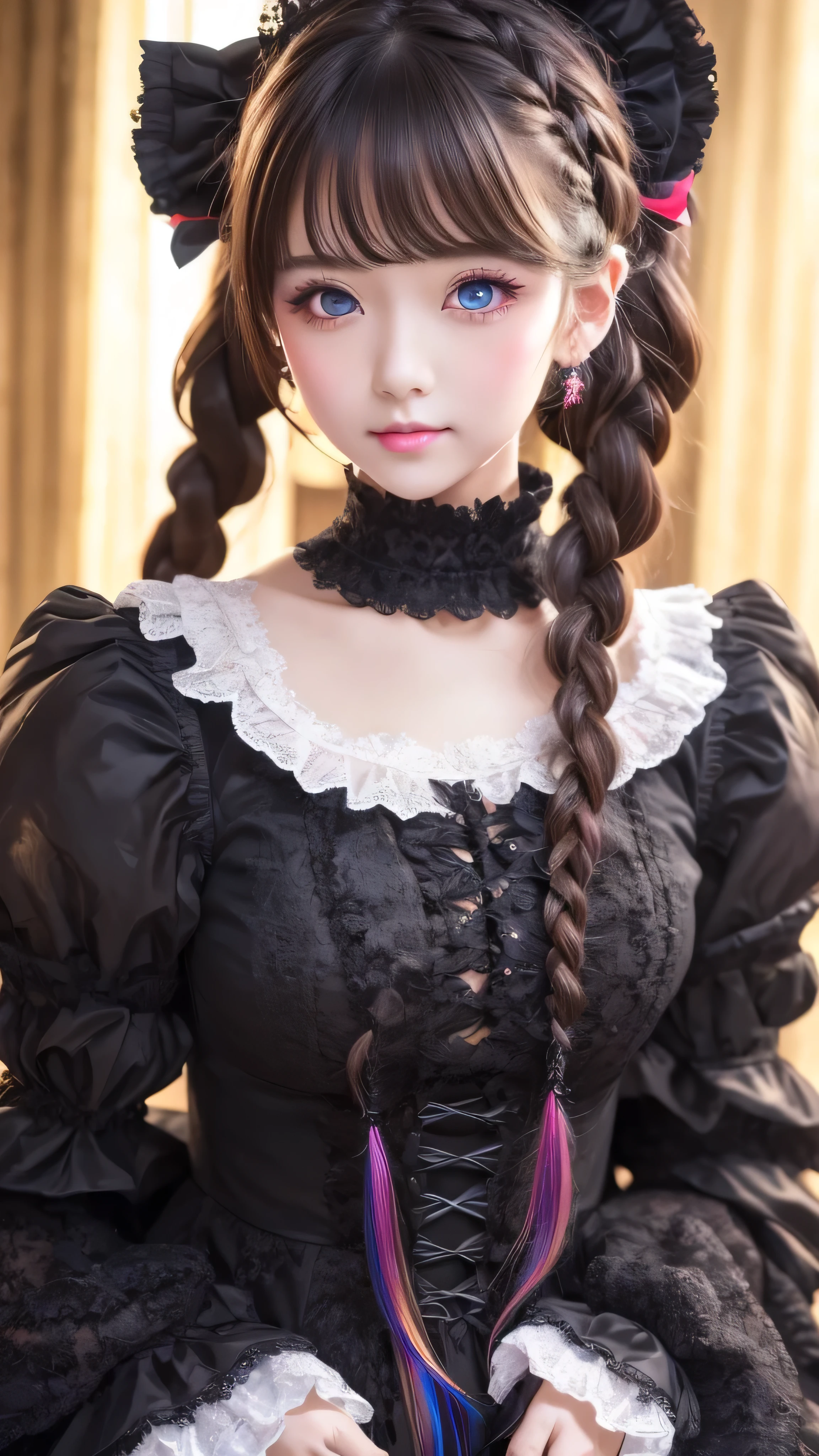 From below, best quality, 32k, original photo, Ridiculous, Extremely detailed, Delicate texture, pretty, Cold eyes, Wearing black gothic lolita fashion, Glossy Rainbow Braided Hair, Perfect body lines, Professional lighting