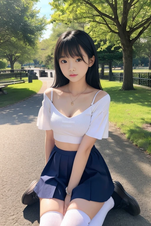 8k,Japanese,9 years old,Childish,Innocent face,Innocent look,Teenage Girl,cute,spring-like clothes,Spring weather,Casual wear,Black Hair,Riverside Park,Sitting,Thighs,Décolletage、Absolute area、Thighsの付け根、Chest、Knee-high socks、Her belly button is visible、I can see your tummy