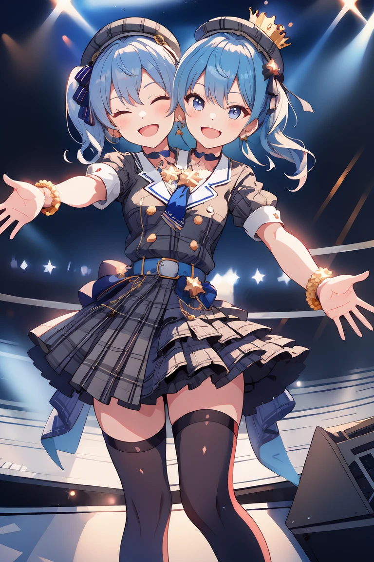 (masterpiece, best quality), best resolution, 16k, (2heads:1.5), close-up, 1girl, solo, HoshimachiSuisei, side ponytail, blue hair ribbon, SuiseiBase, plaid beret, crown, blue star choker, star earrings, blue ascot, plaid jacket, plaid skirt, layered skirt, partially fingerless gloves, star bracelet, uneven legwear, thigh strap, standing, ((cheek to cheek)), (open arms, outstretched arms, hands open), smile, open mouth, one eye closed, singing, dacing, look at viewer, exciting, concert stage, starfield, spotlight