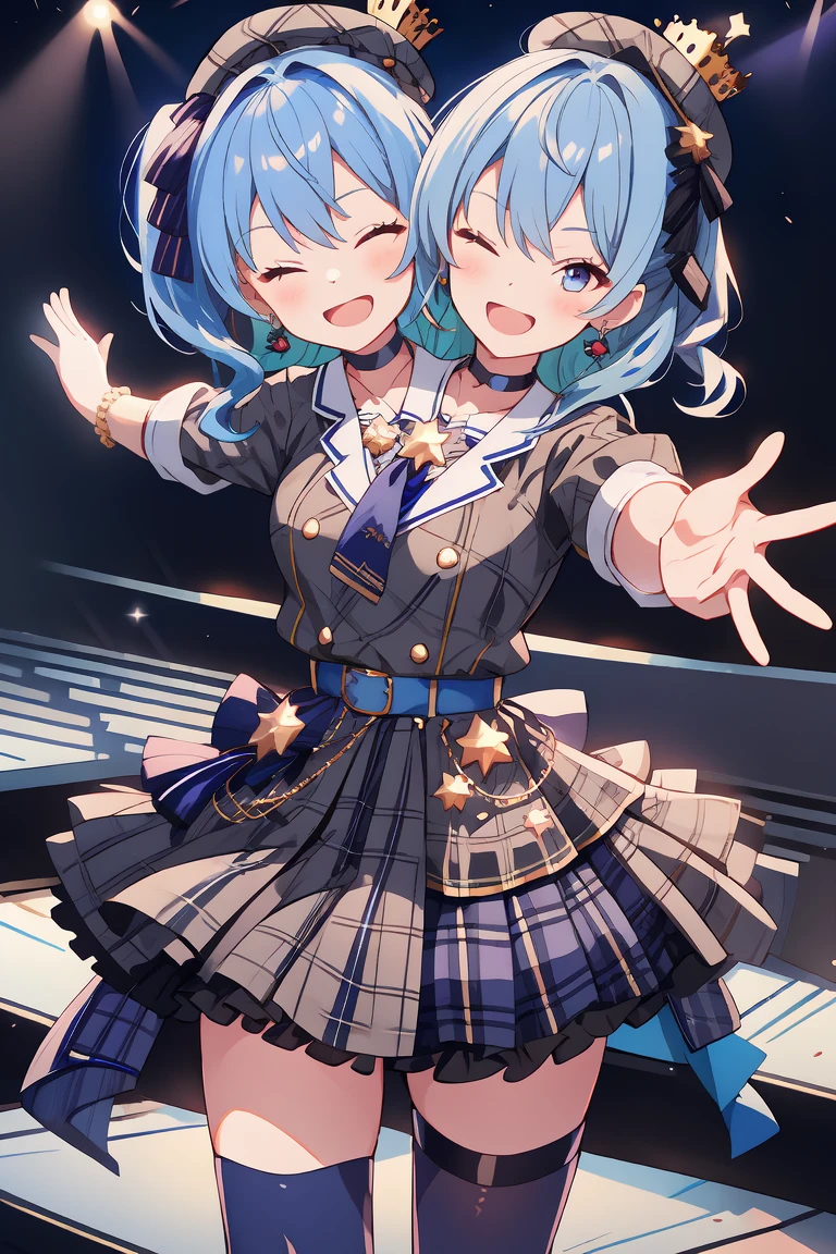 (masterpiece, best quality), best resolution, 16k, (2heads:1.5), close-up, 1girl, solo, HoshimachiSuisei, side ponytail, blue hair ribbon, SuiseiBase, plaid beret, crown, blue star choker, star earrings, blue ascot, plaid jacket, plaid skirt, layered skirt, partially fingerless gloves, star bracelet, uneven legwear, thigh strap, standing, ((cheek to cheek)), (open arms, outstretched arms, hands open), smile, open mouth, one eye closed, singing, dacing, look at viewer, exciting, concert stage, starfield, spotlight