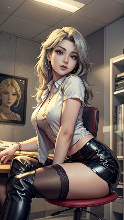 Masterpiece, raw, beautiful art, professional artist, 8k, art style by sciamano240, very detailed face, very detailed hair, 1 woman, perfectly drawn body, beautiful face, long hair, light blue hair , very detailed blue eyes , rosey cheeks, intricate details in eyes, playful smile, looking directly at viewer , in love with viewer expression, lipstick, jewelry, shirt, vest, pencil skirt, thigh boots, sunny day, sitting on office chair, office setting, full body view,