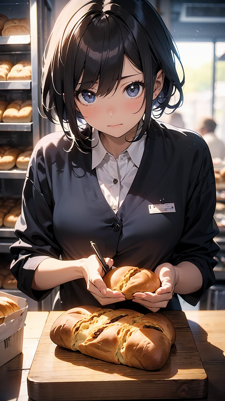 Masterpiece、((The inside of a bakery famous for its cute clerks and a cute baker、Bread with the face of an anime character、Cute-looking bread is on display.)):1.9、Bread making、baker's uniform, short hair, black hair, Highly detailed background，Realistic，ultra-detailliert，super detailed skin，light glow，Film grain，Expro II，Lens Flare，Sharpen，cinematic shadow